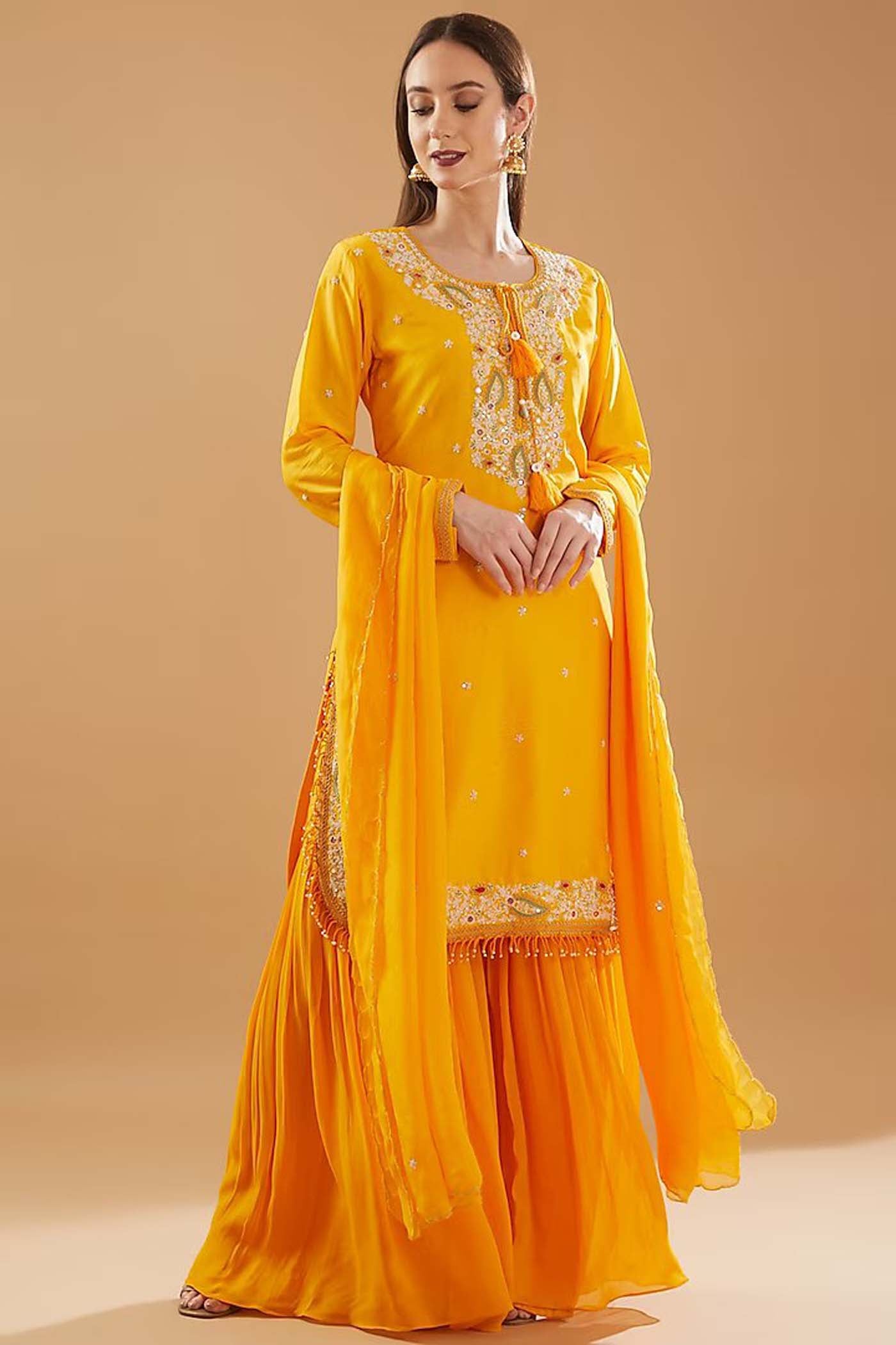 Orange Embroidered Shirt with Sharara and Dupatta