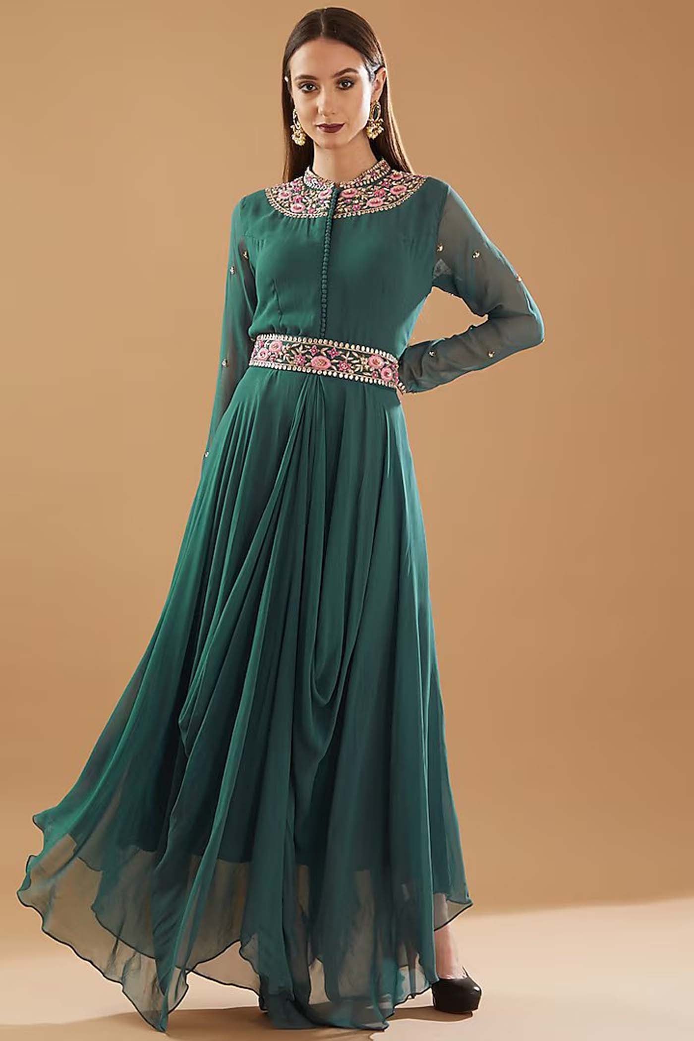 Teal Blue Cowl High-low Gown with Embroidered Belt