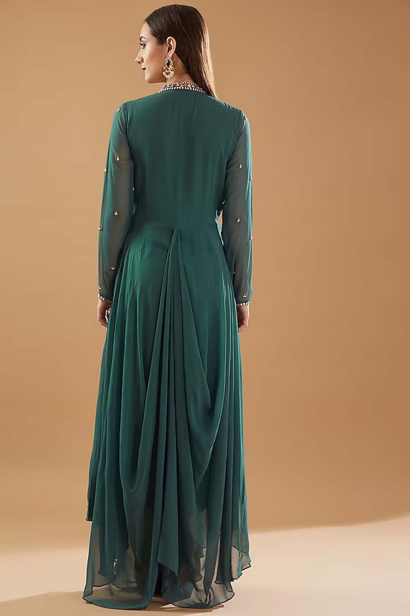 Teal Blue Cowl High-low Gown with Embroidered Belt