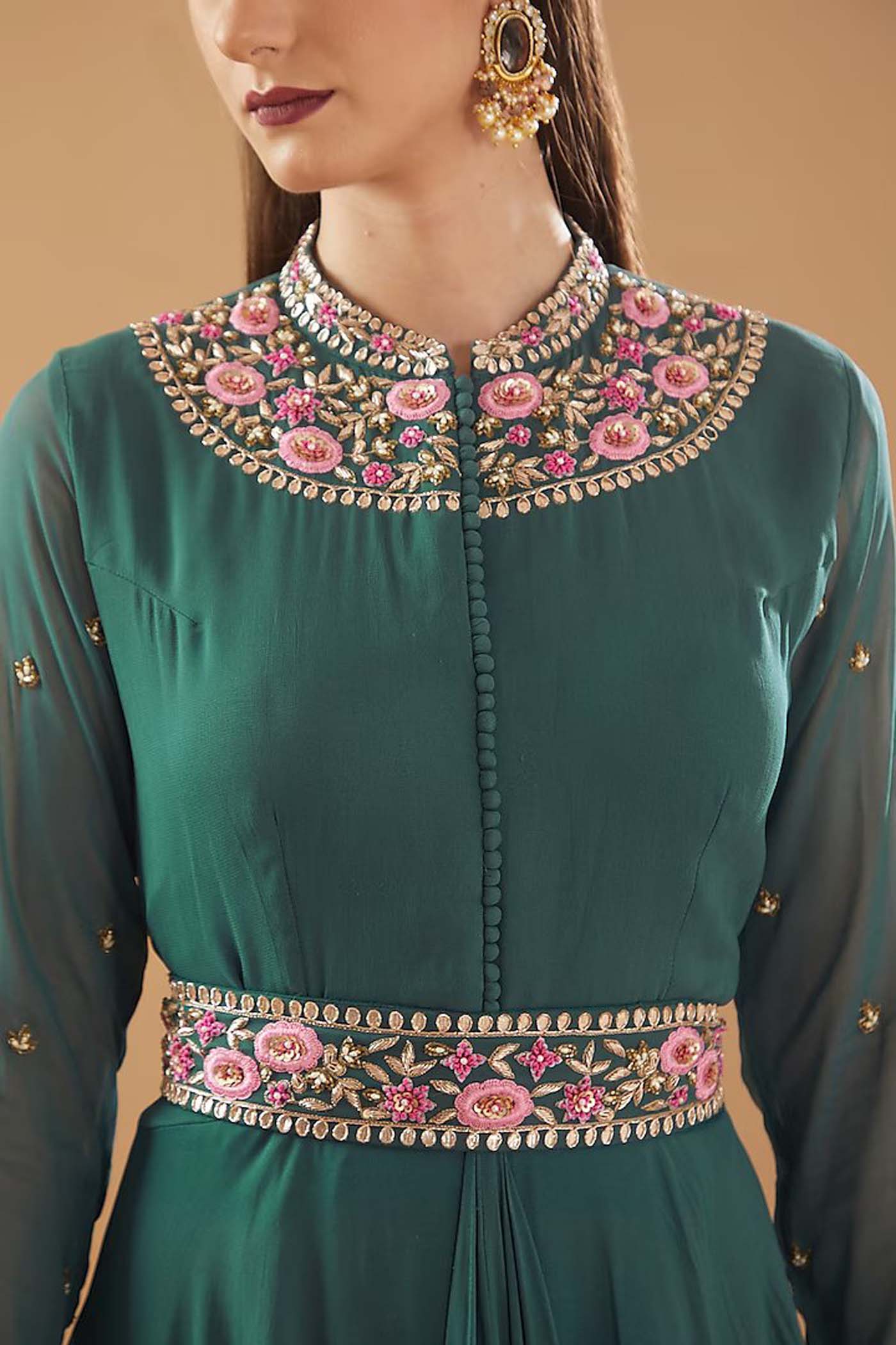 Teal Blue Cowl High-low Gown with Embroidered Belt