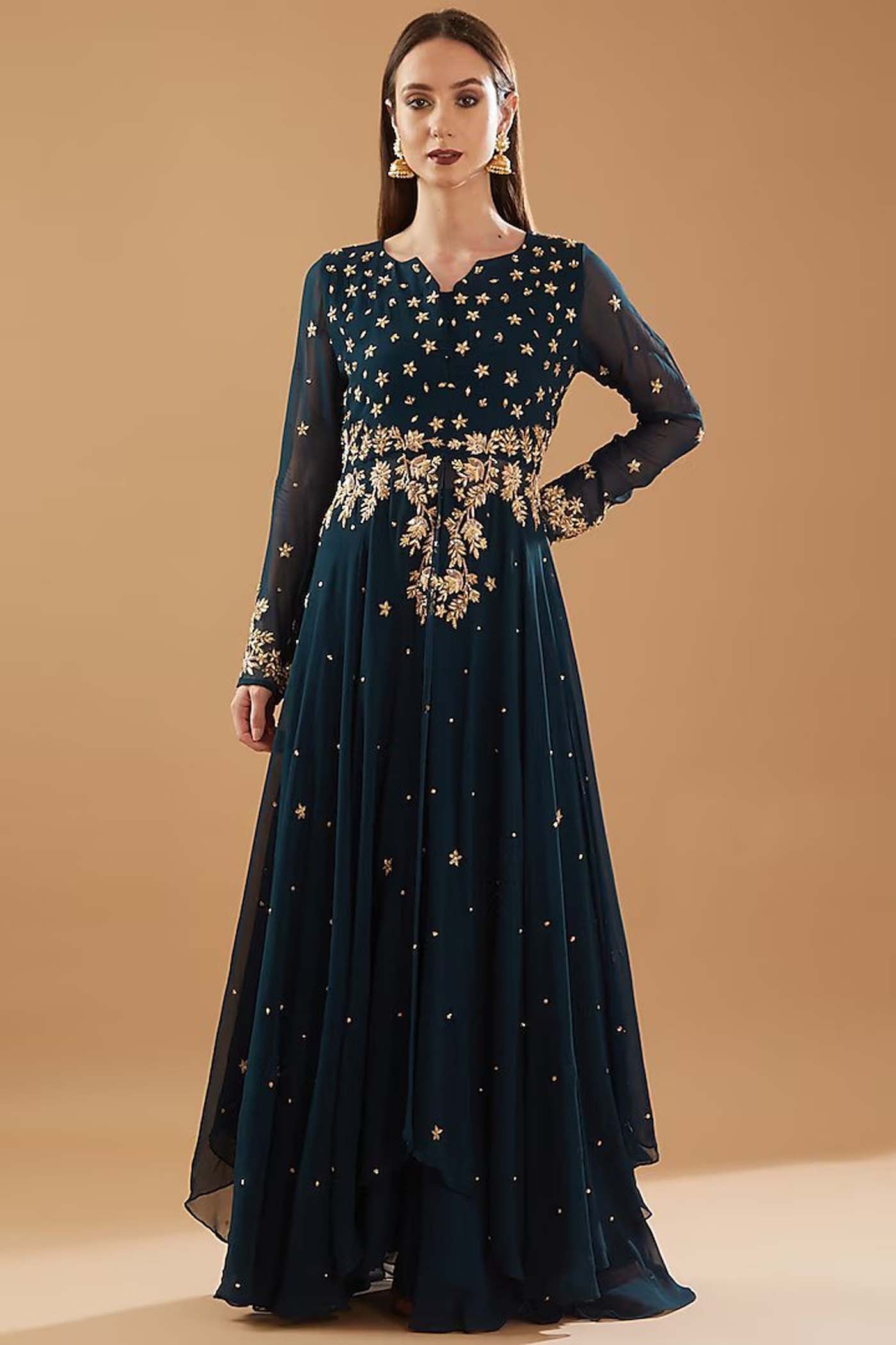 Navy Blue Front Open Dress with Palazzo