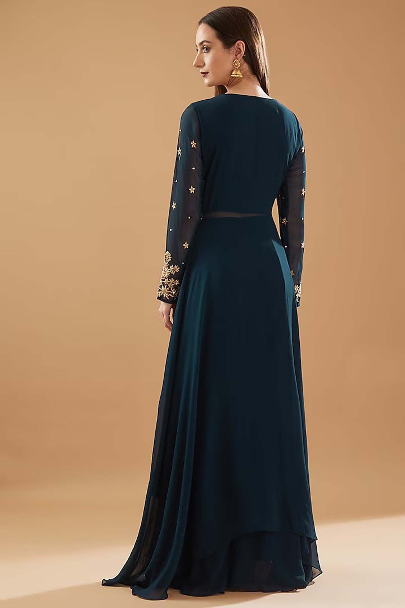 Navy Blue Front Open Dress with Palazzo