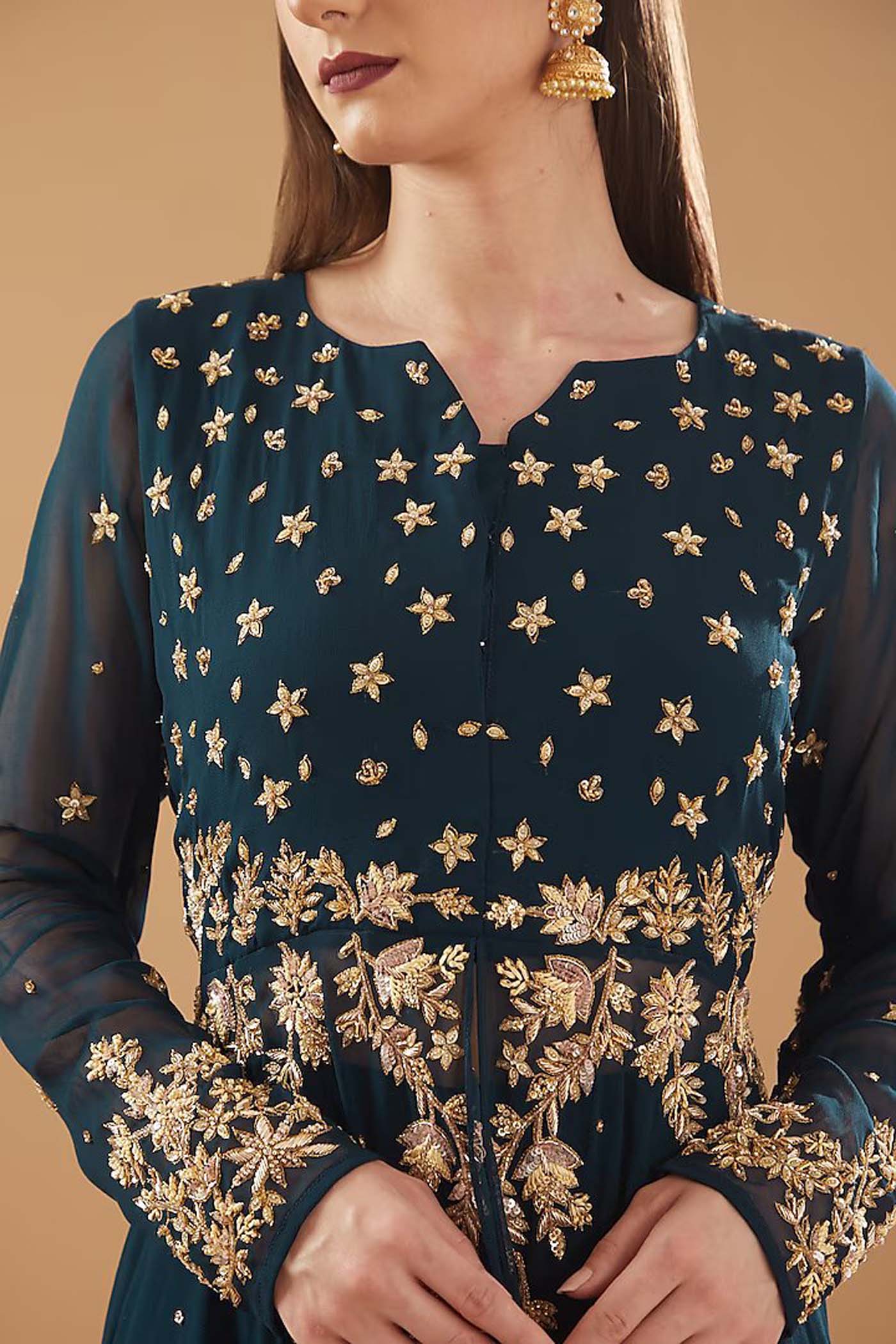 Navy Blue Front Open Dress with Palazzo