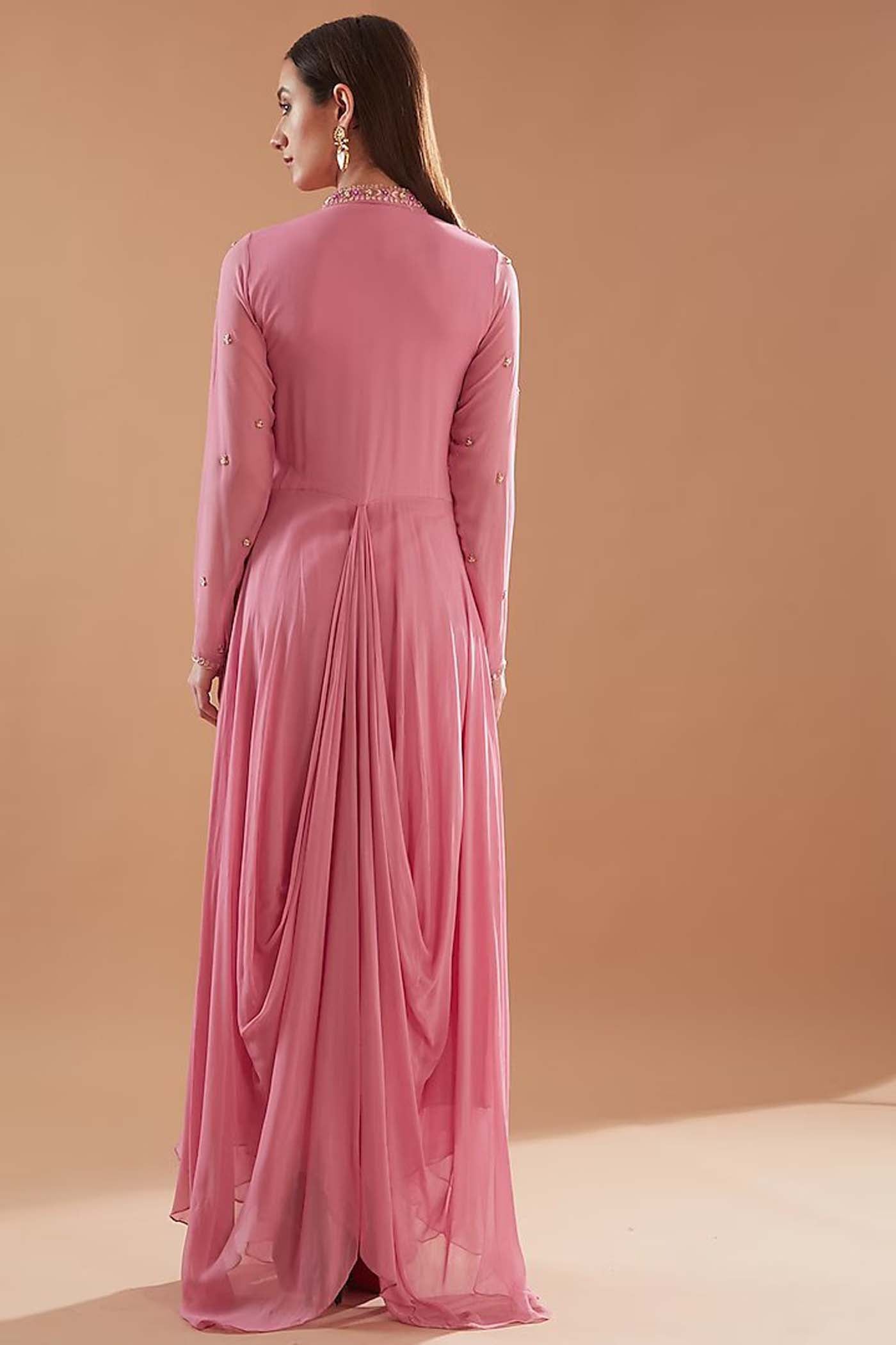 Pink Cowl High-low Gown with Embroidered Belt