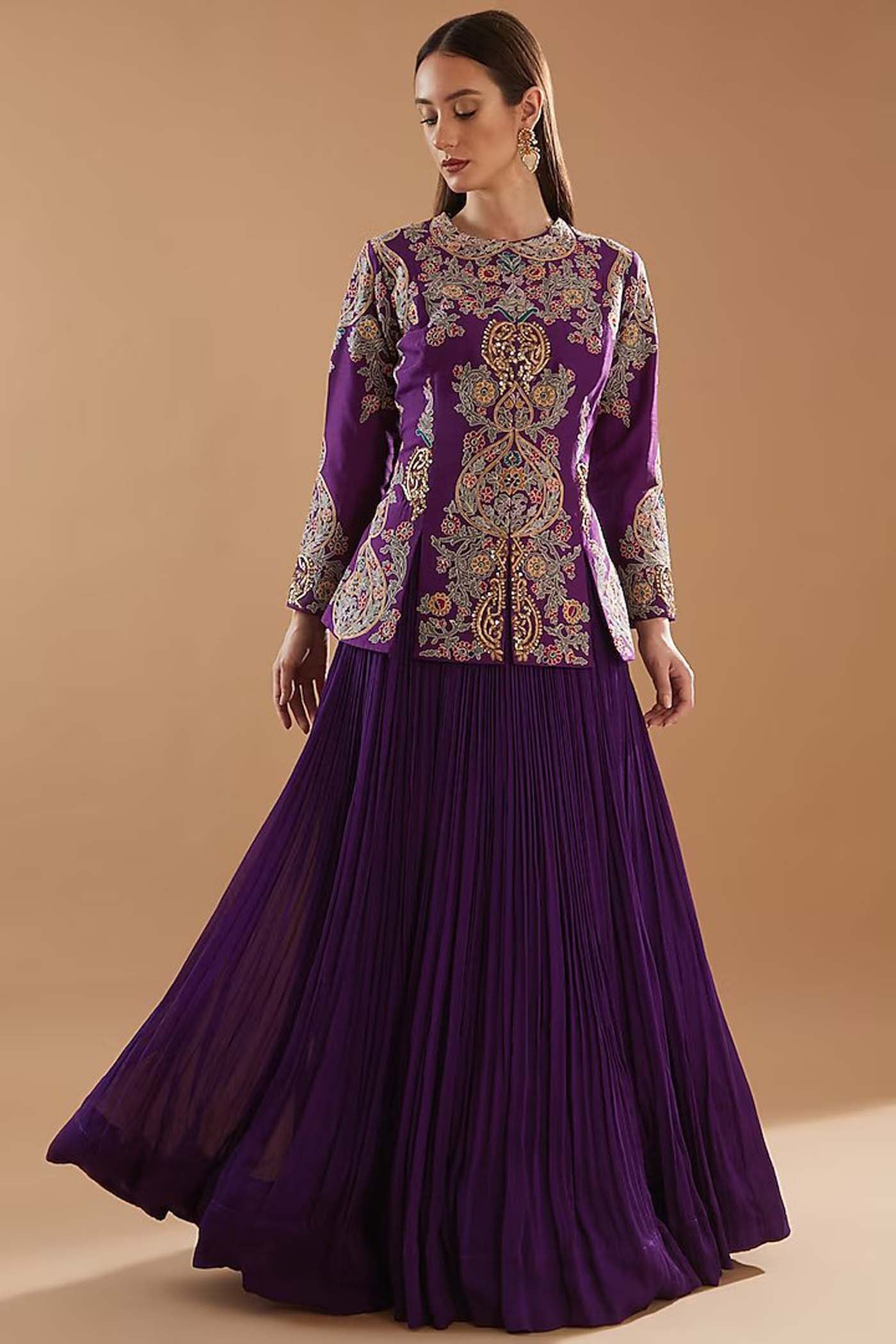Purple Embroidered Top with Skirt Set
