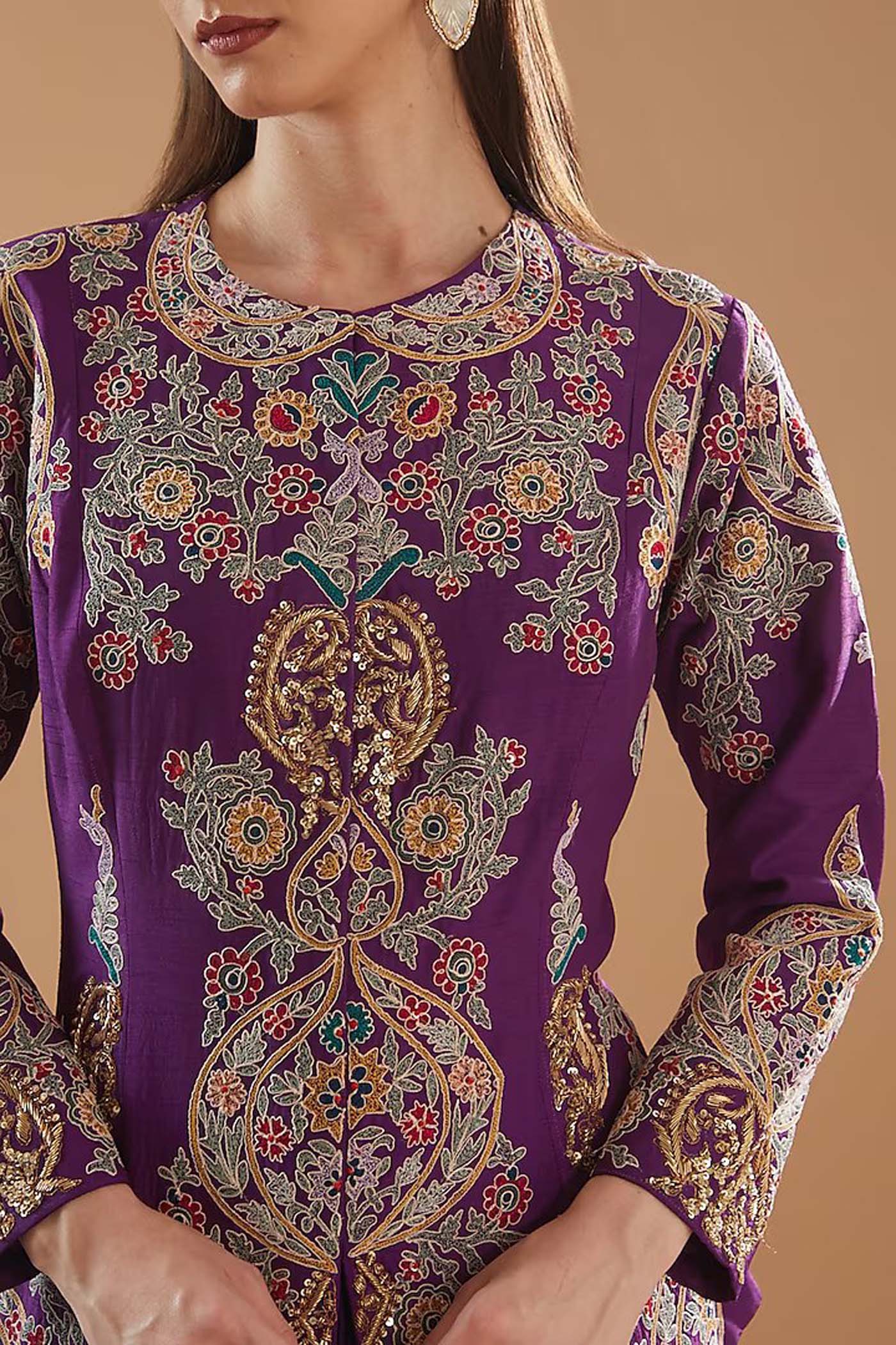 Purple Embroidered Top with Skirt Set