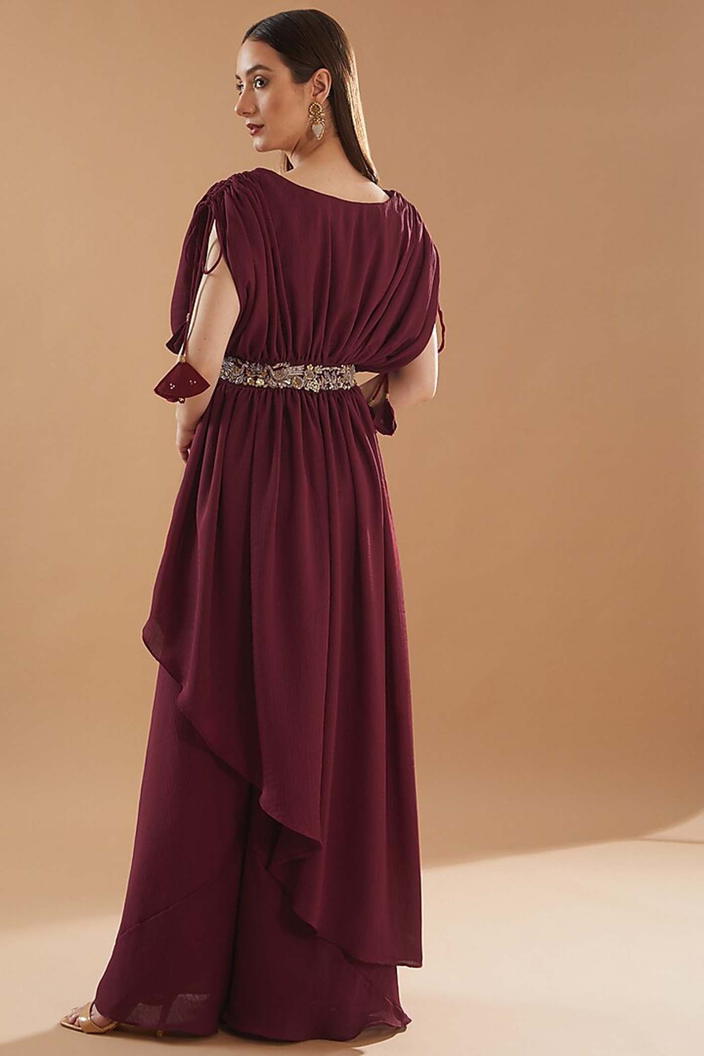 Maroon Gathered Dress with Palazzo Set