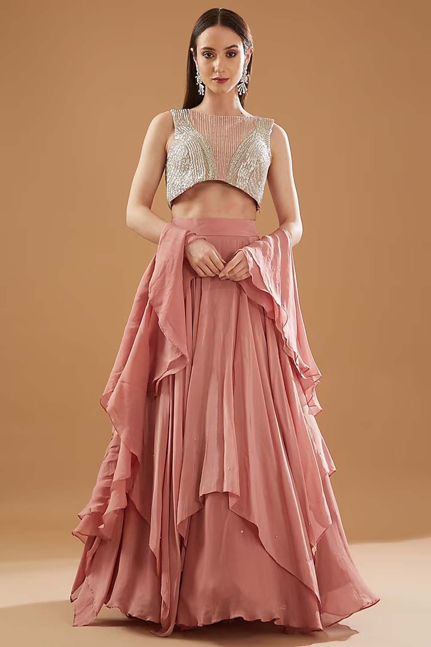 Onion Pink Crop-Top with Lehenga and Ruffled Dupatta