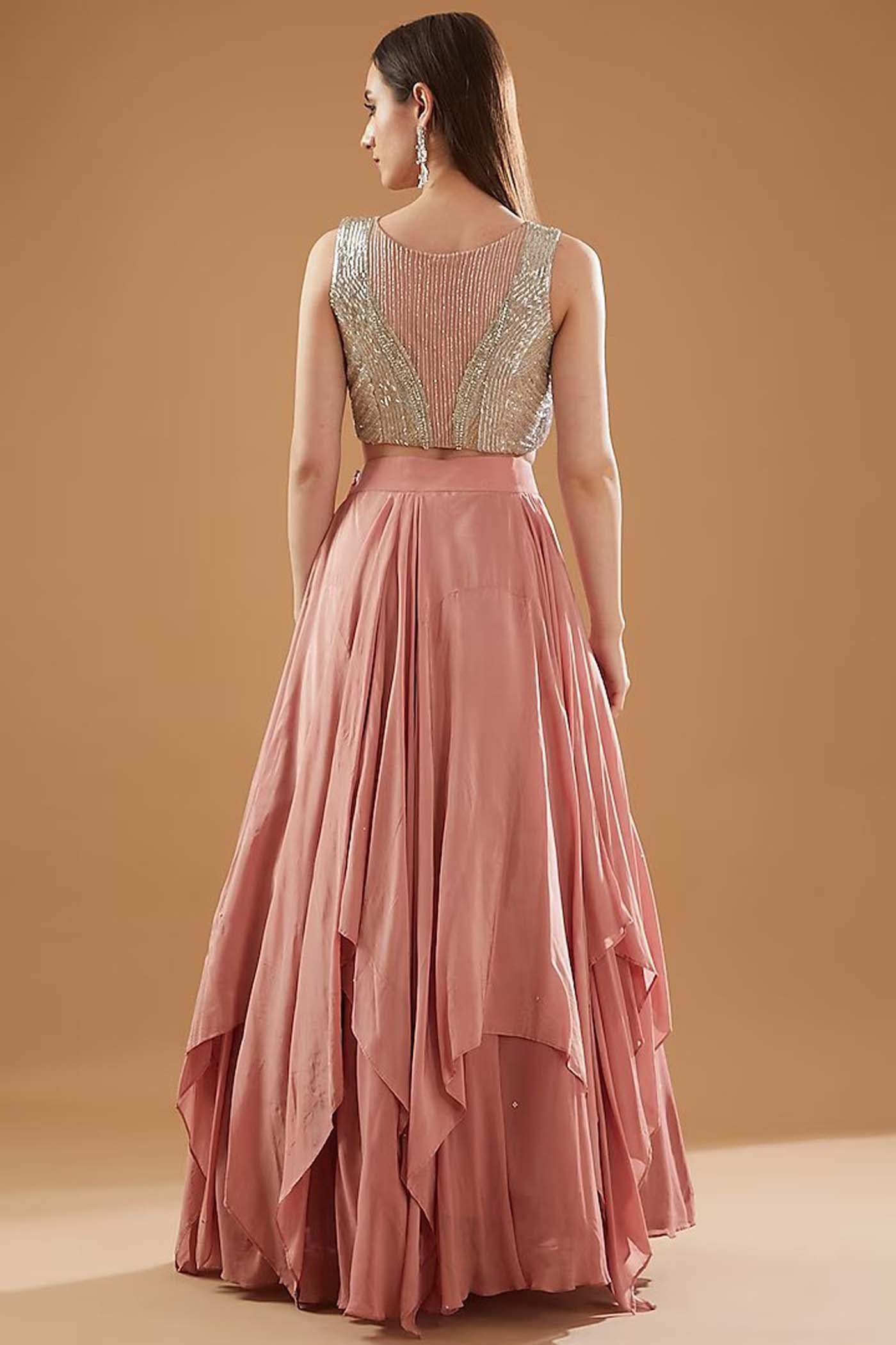 Onion Pink Crop-Top with Lehenga and Ruffled Dupatta