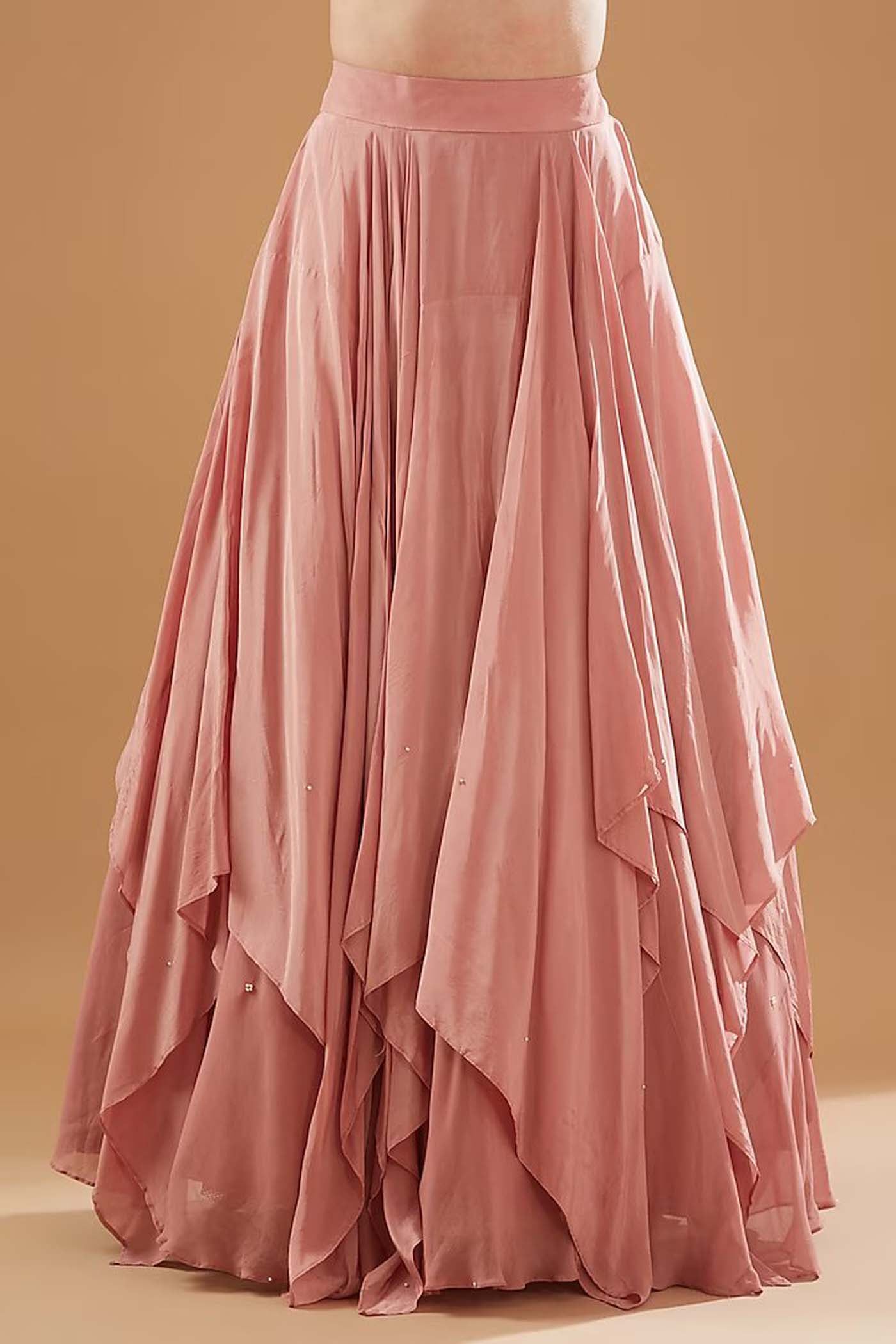 Onion Pink Crop-Top with Lehenga and Ruffled Dupatta