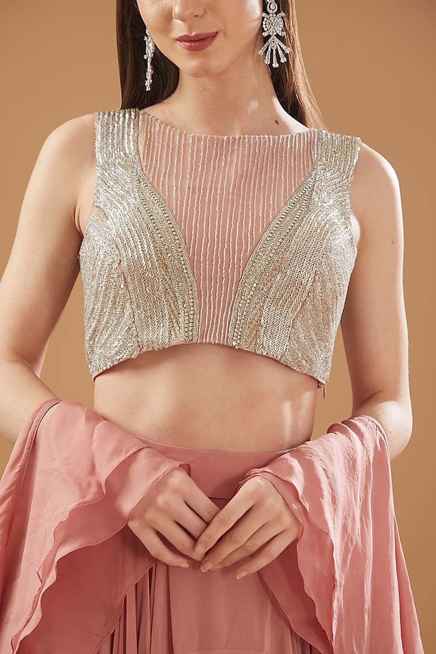 Onion Pink Crop-Top with Lehenga and Ruffled Dupatta