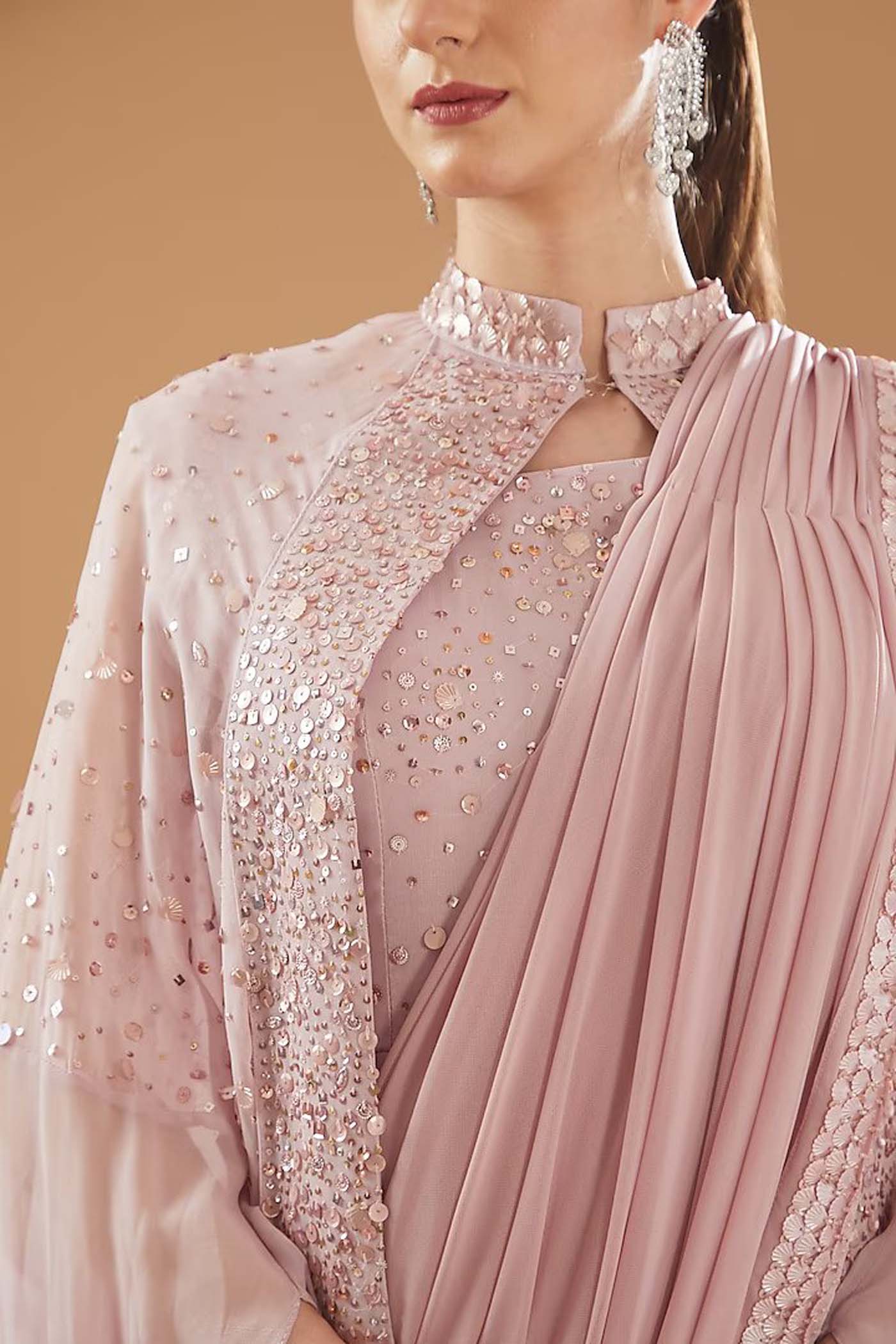 Lilac Draped SareeGown with long Cape