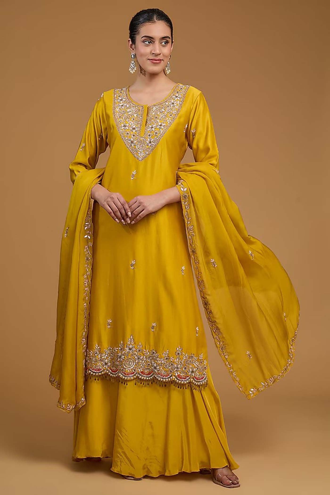 Mustard Short Anarkali with Palazzo and Organza Dupatta