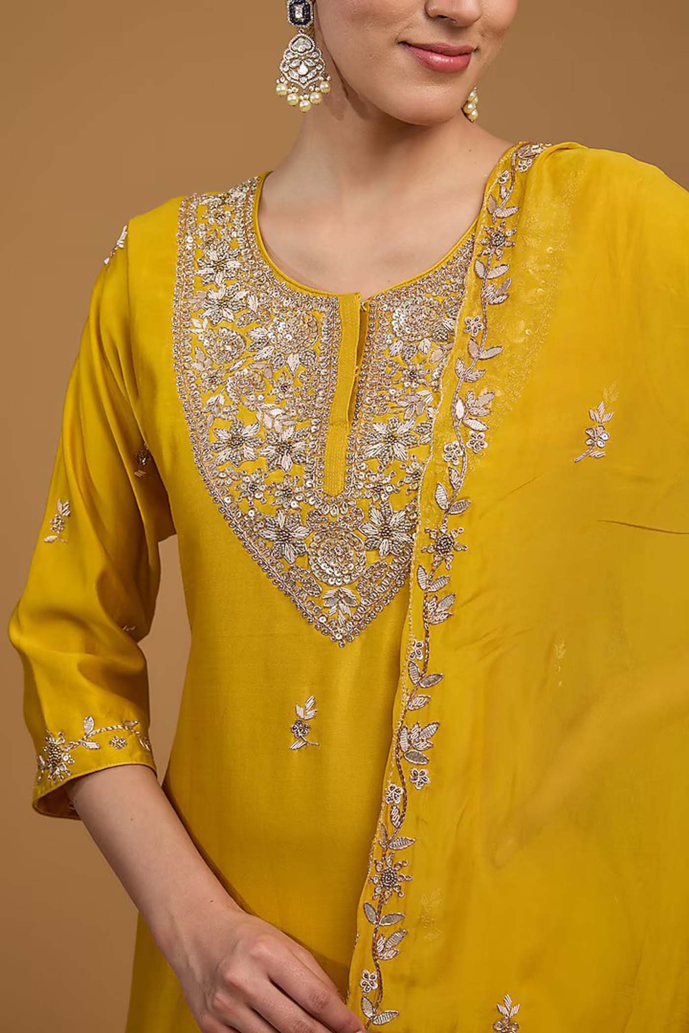 Mustard Short Anarkali with Palazzo and Organza Dupatta