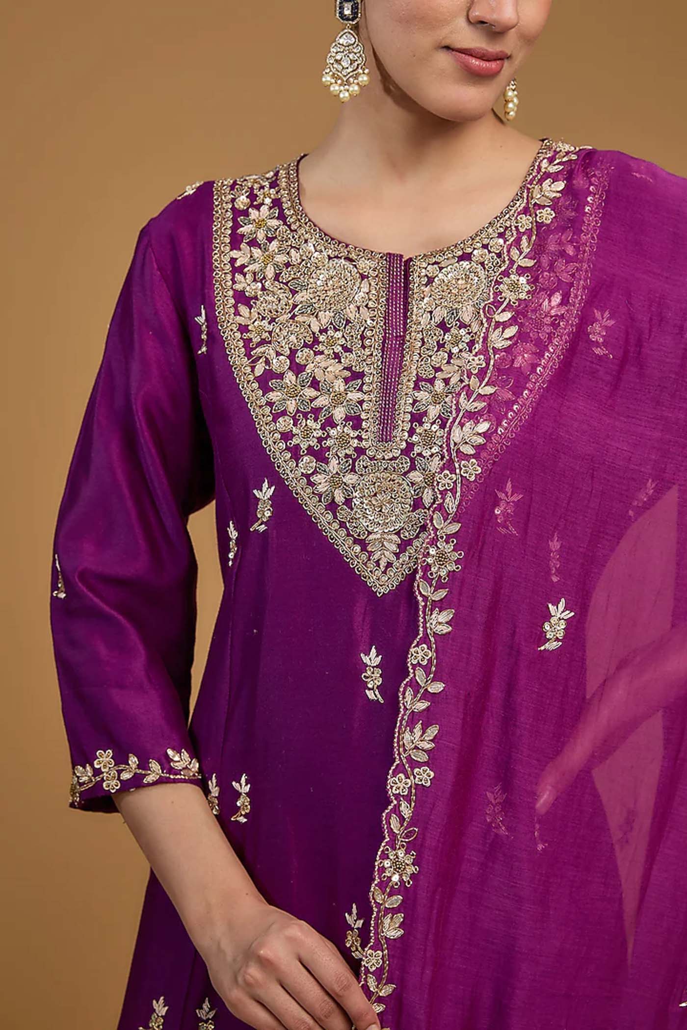 Purple Short Anarkali with Palazzo and Organza Dupatta