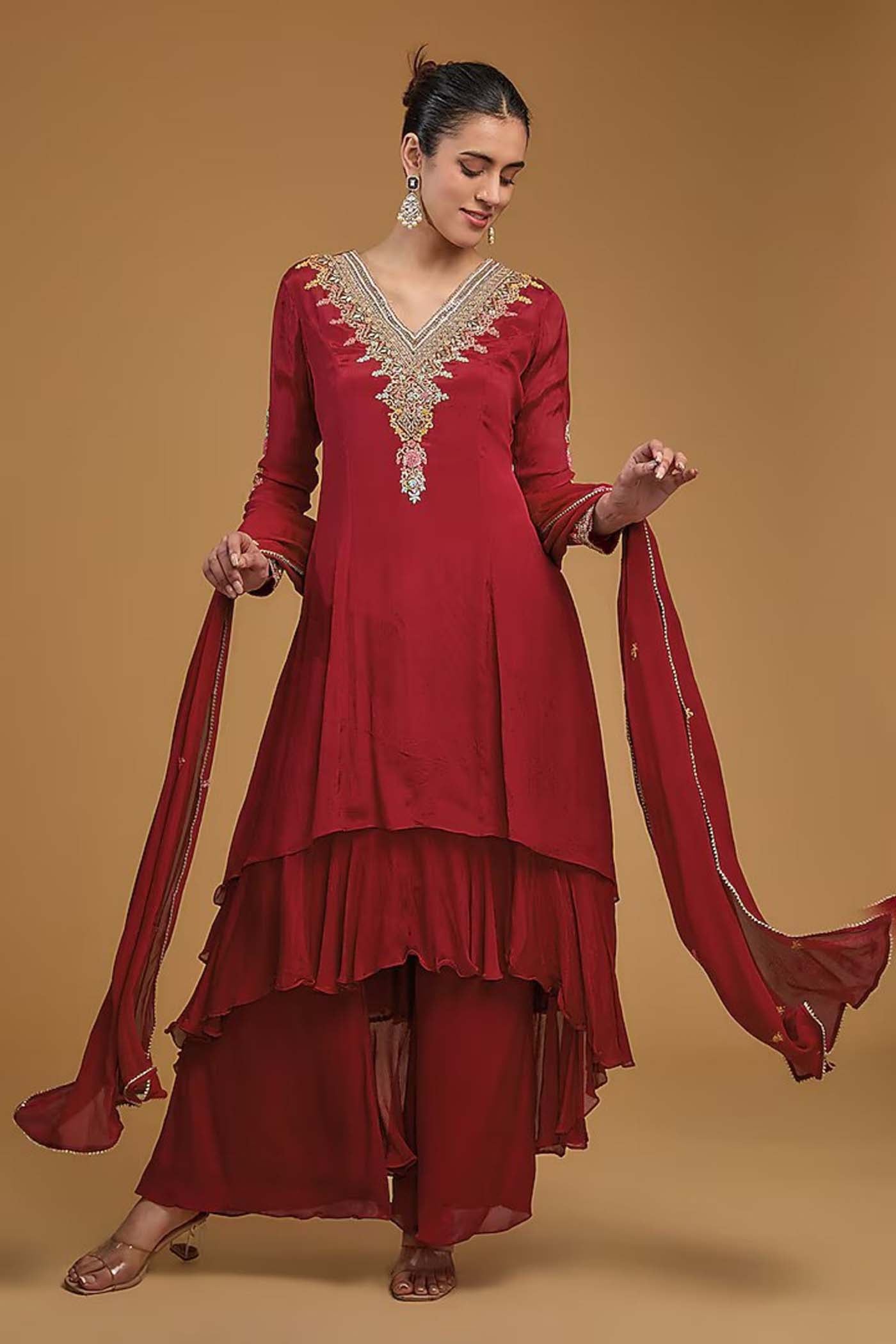 Red Asymmetrical Anarkali with Palazzo with Dupatta Set Red Asymmetrical Anarkali with Palazzo with Dupatta Set