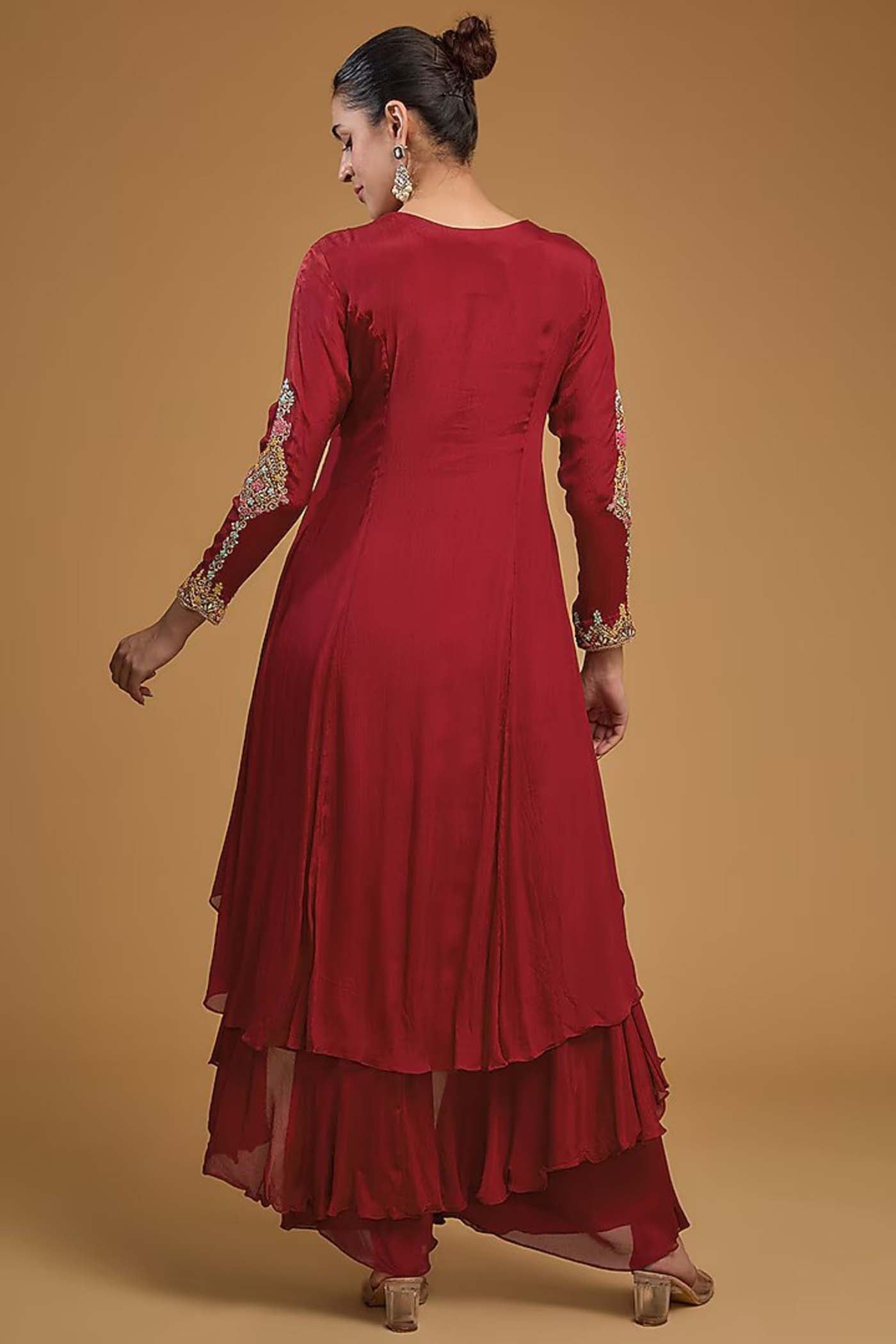 Red Asymmetrical Anarkali with Palazzo with Dupatta Set