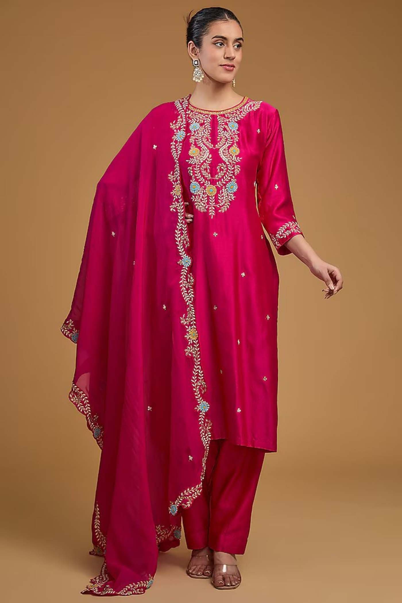 Fuchsia Pink Straight Suit with Pants and Dupatta
