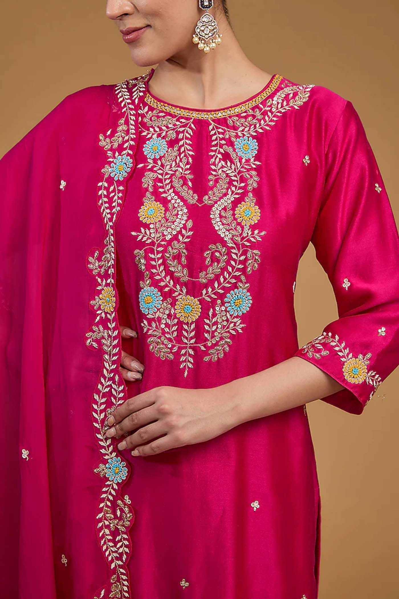 Fuchsia Pink Straight Suit with Pants and Dupatta