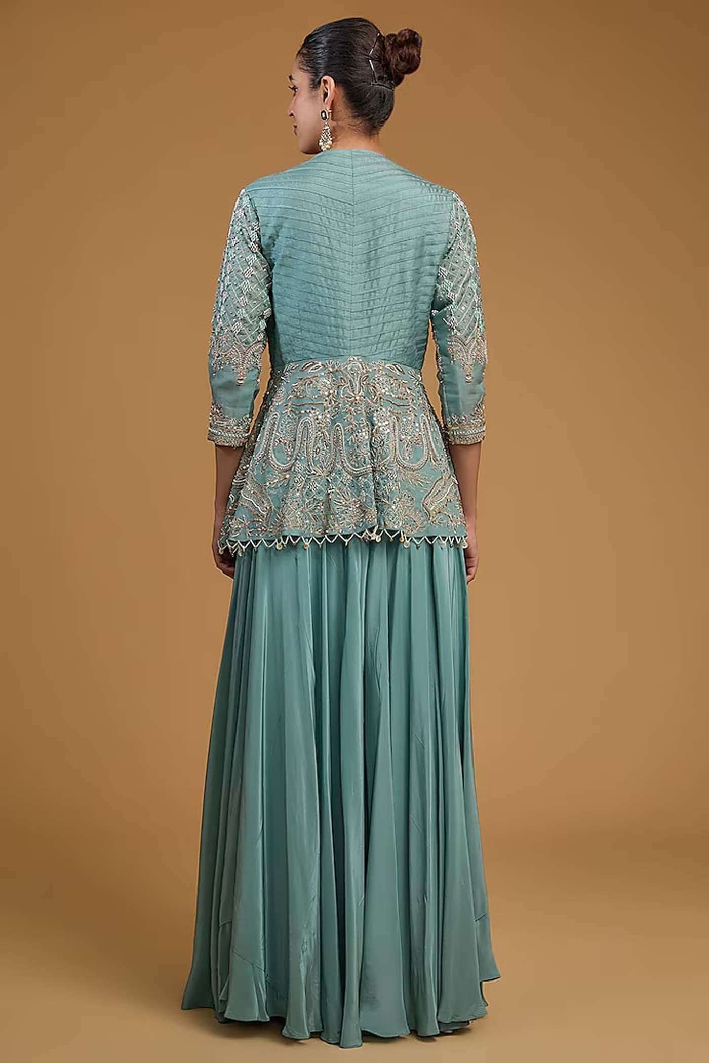 Greyish Blue Front Open Top with Palazzo and Organza Dupatta