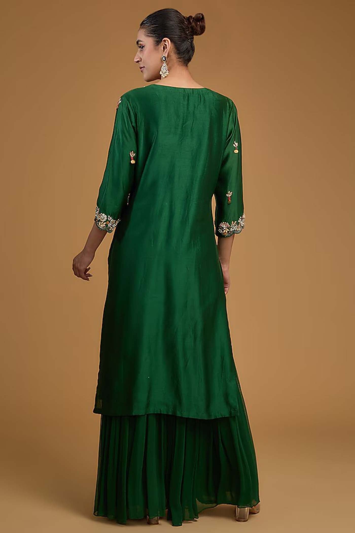 Mehendi Green Straight Suit with Sharara and Organza Scalloped Dupatta