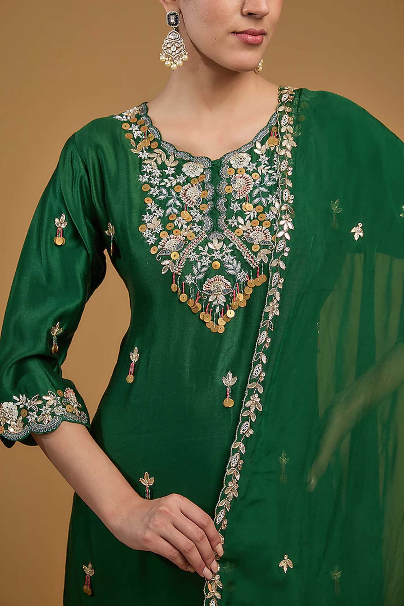 Mehendi Green Straight Suit with Sharara and Organza Scalloped Dupatta