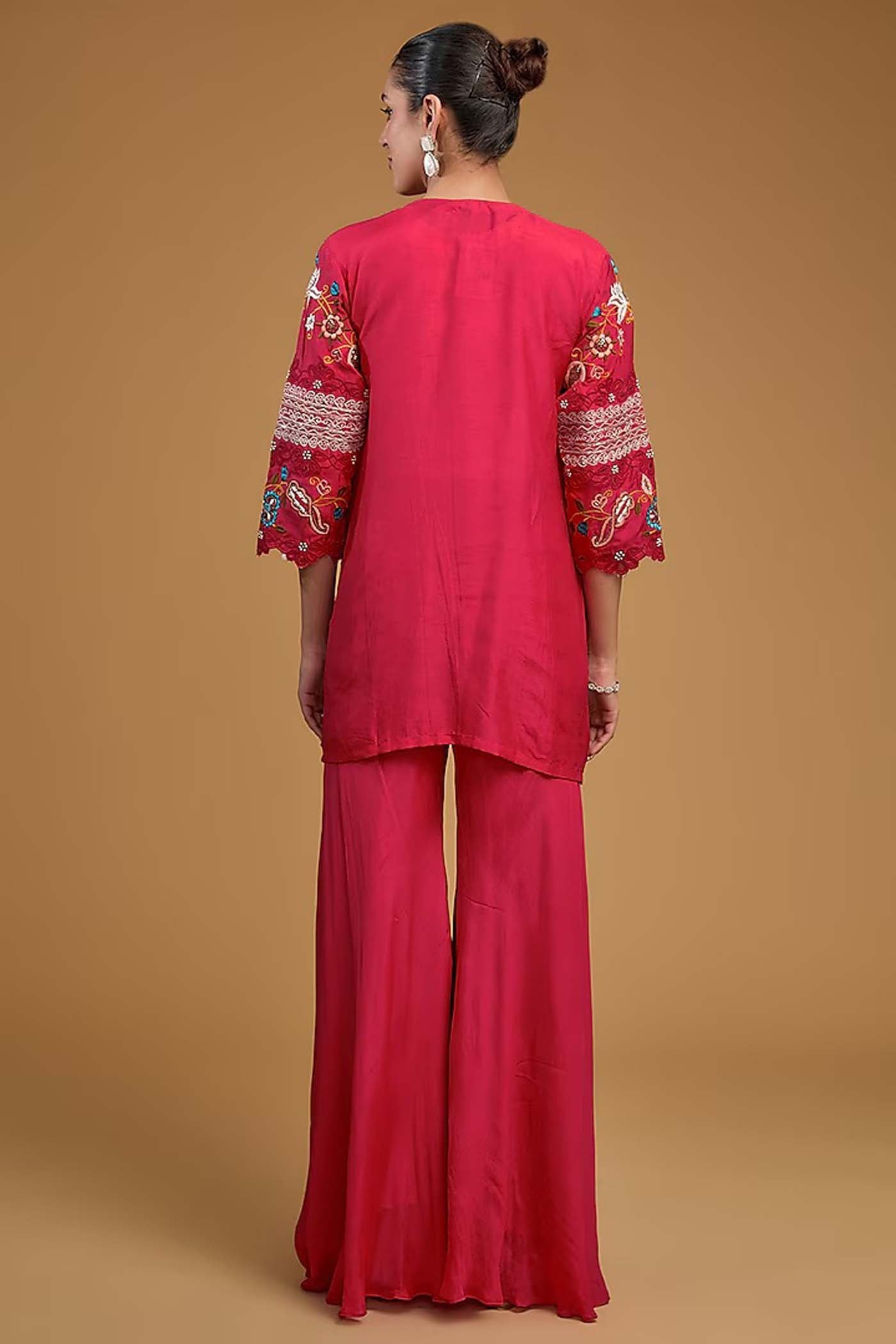 Red and White and Off White Crop-Top with Palazzo and Jacket