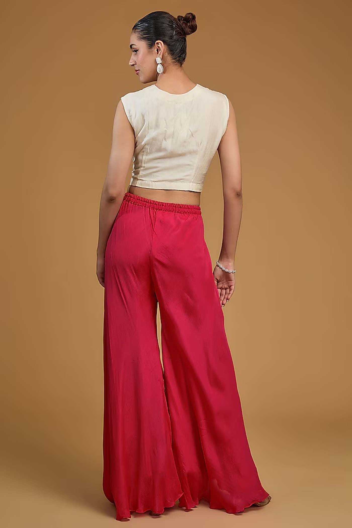 Red and White and Off White Crop-Top with Palazzo and Jacket