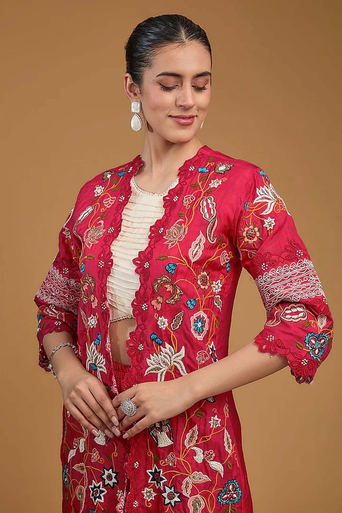 Red and White and Off White Crop-Top with Palazzo and Jacket