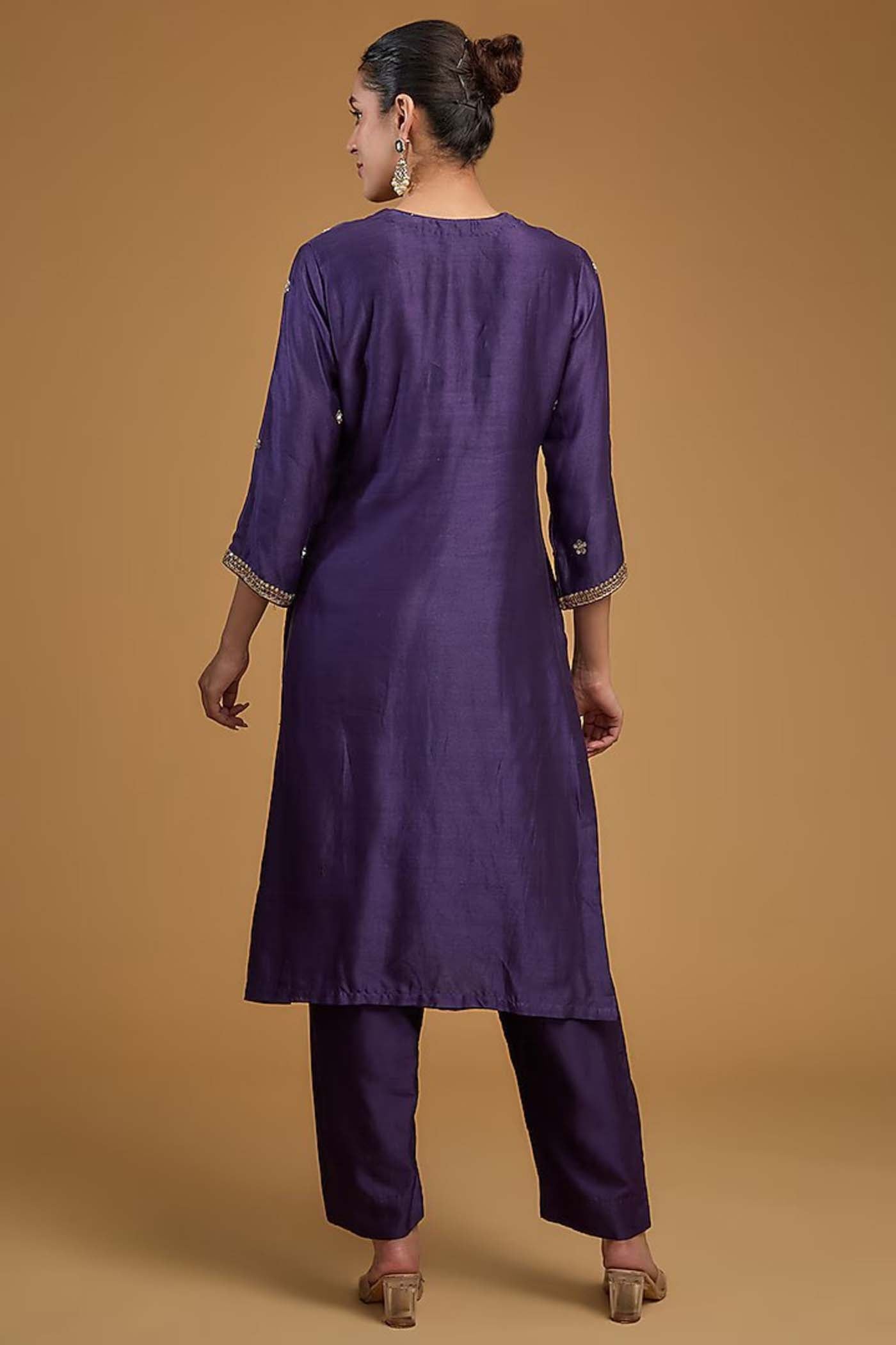 Dark Purple Straight Suit with Pants and Dupatta Set