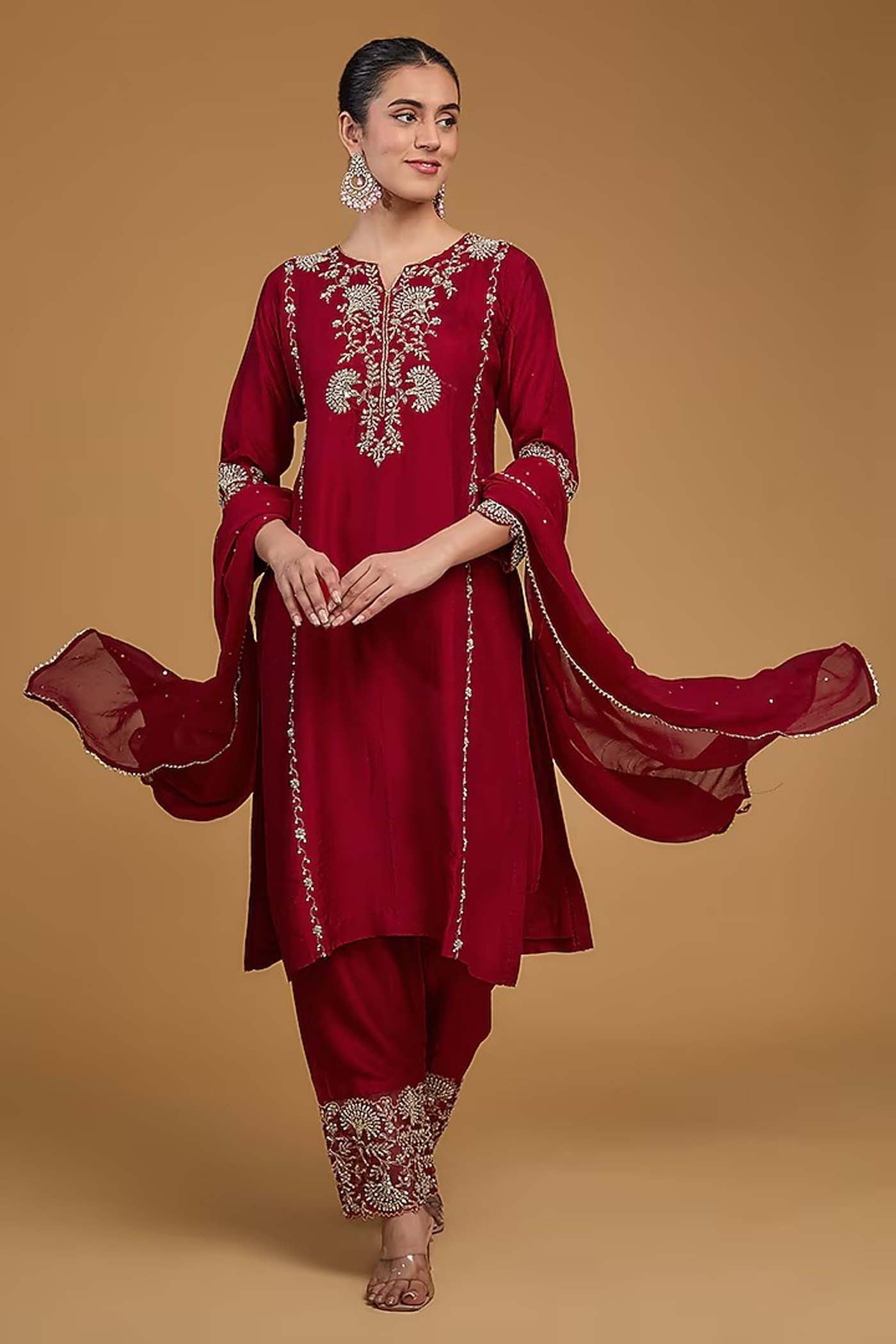 Red Straight Suit with Pants and Dupatta Set