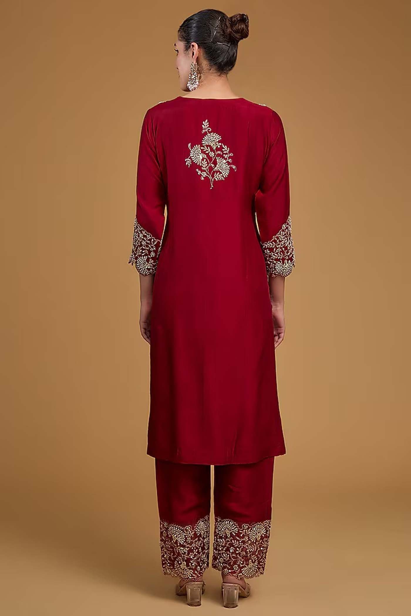 Red Straight Suit with Pants and Dupatta Set