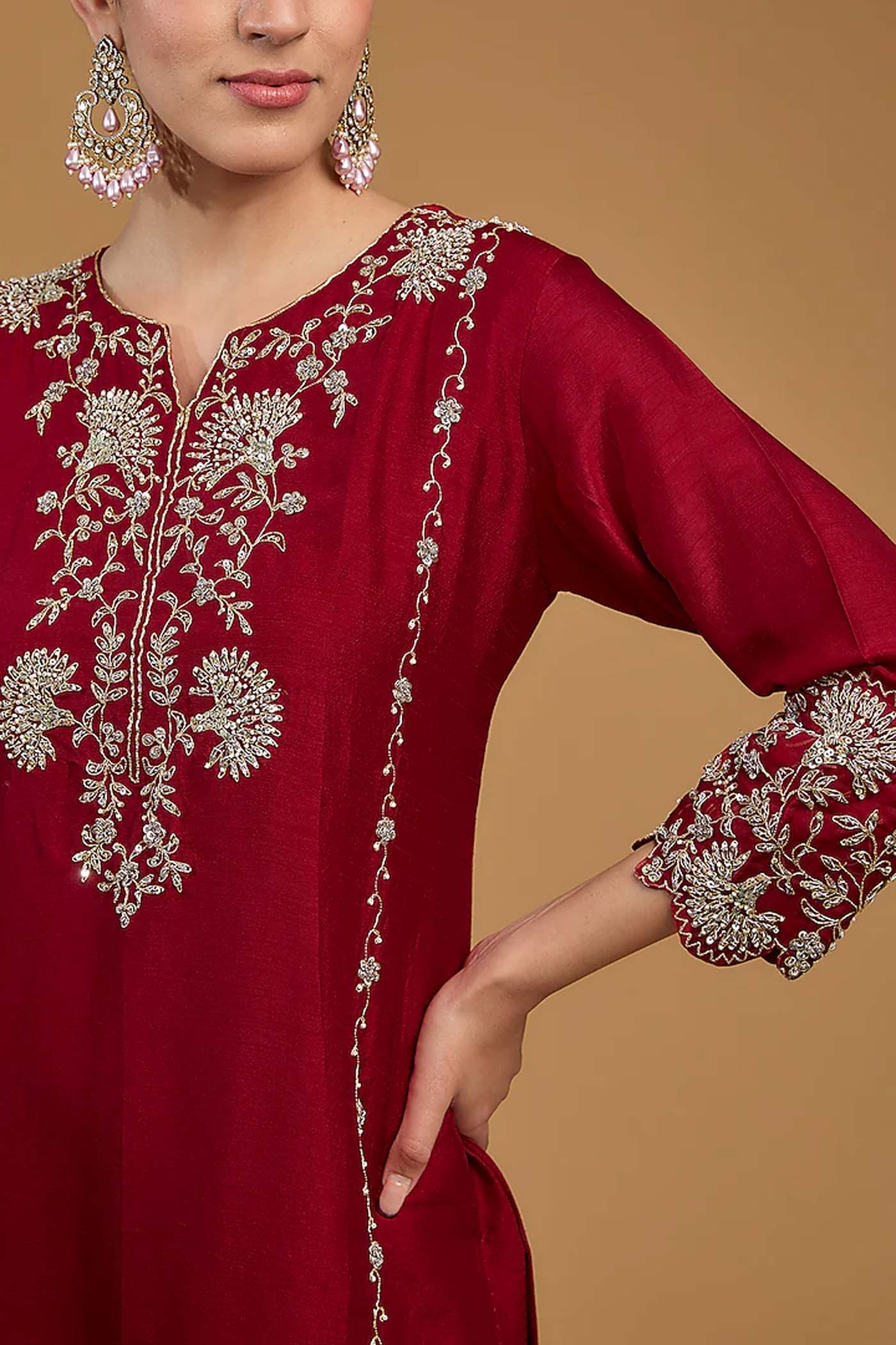 Red Straight Suit with Pants and Dupatta Set