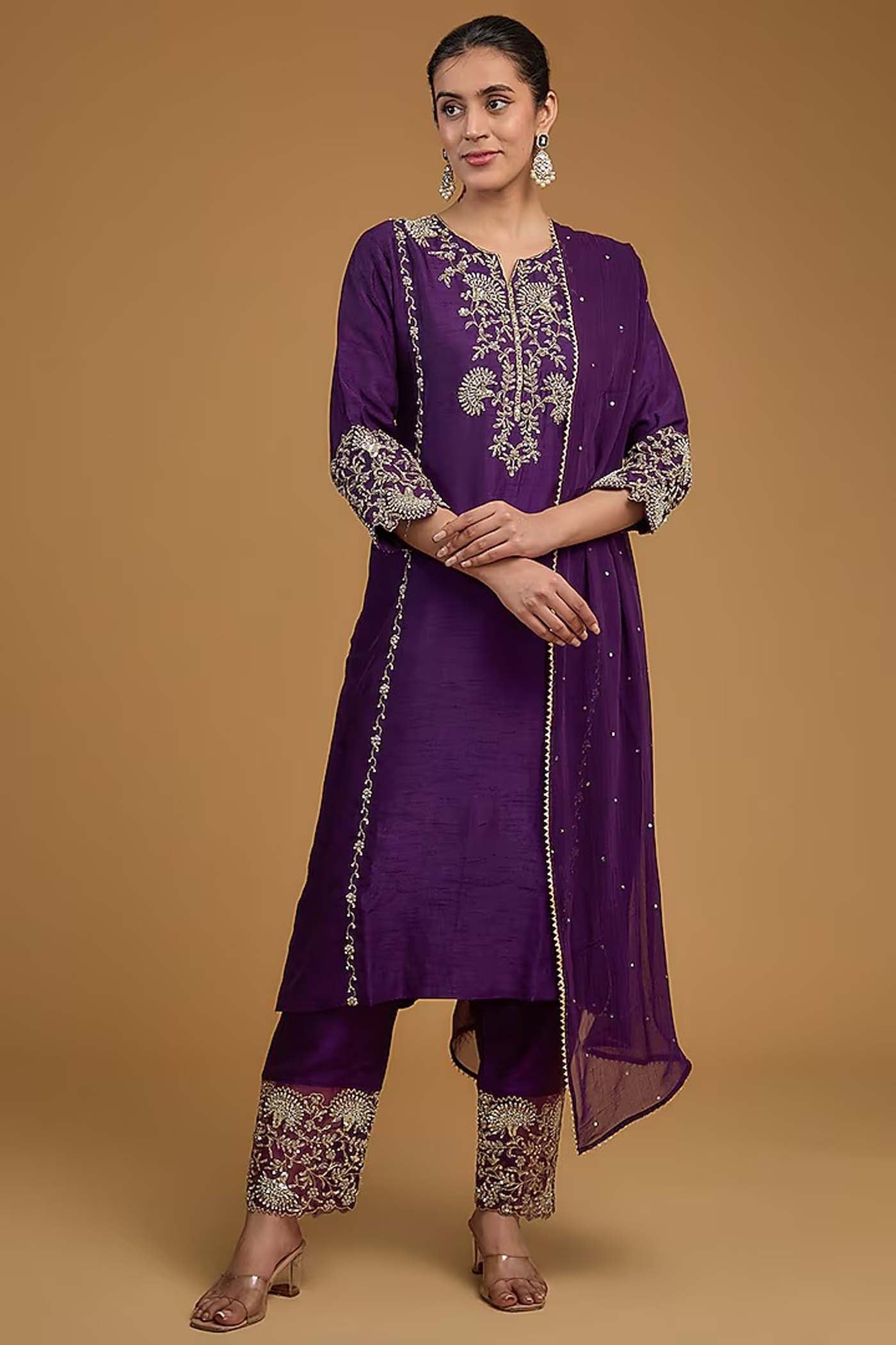 Purple Straight Suit with Pants and Dupatta Set