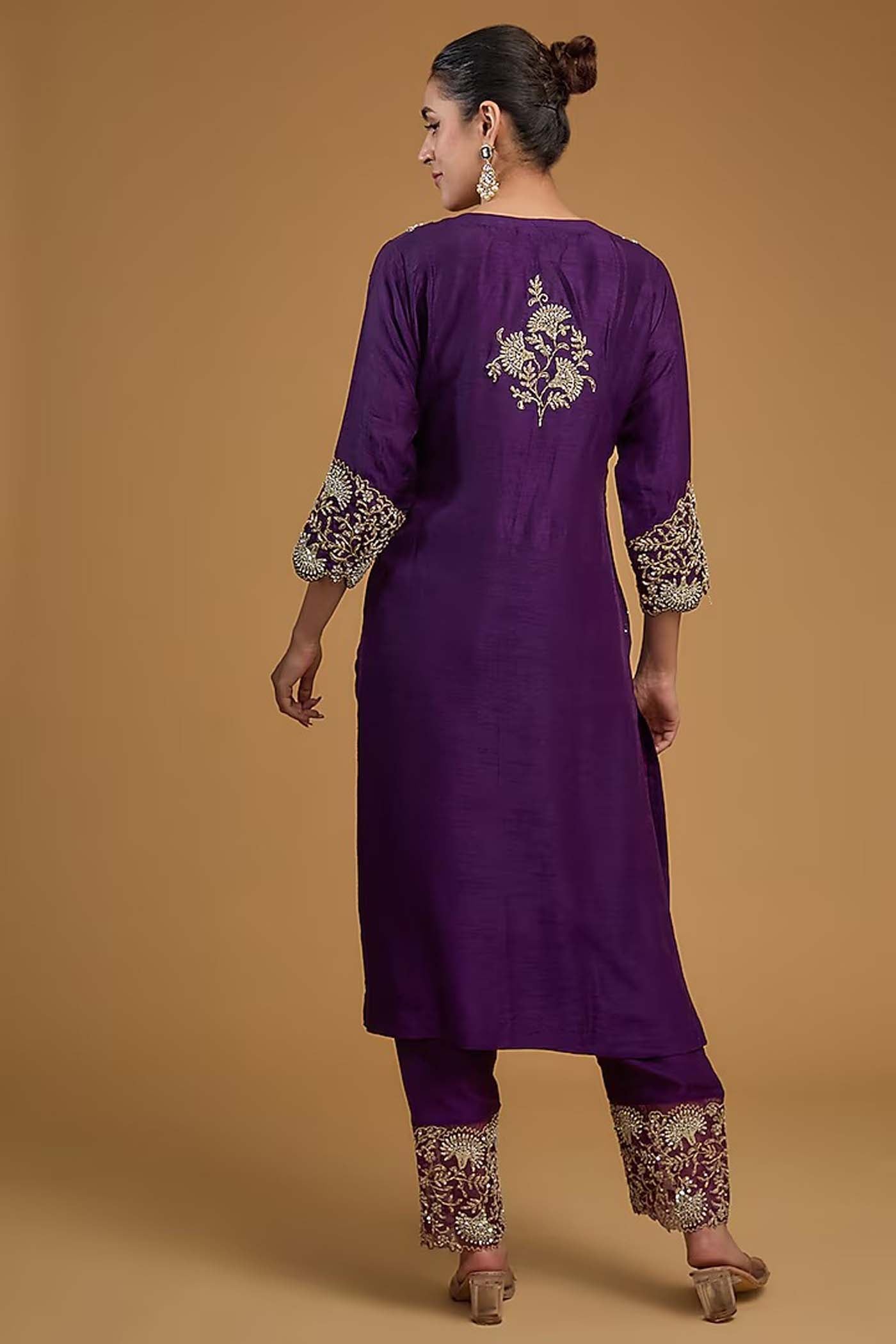 Purple Straight Suit with Pants and Dupatta Set