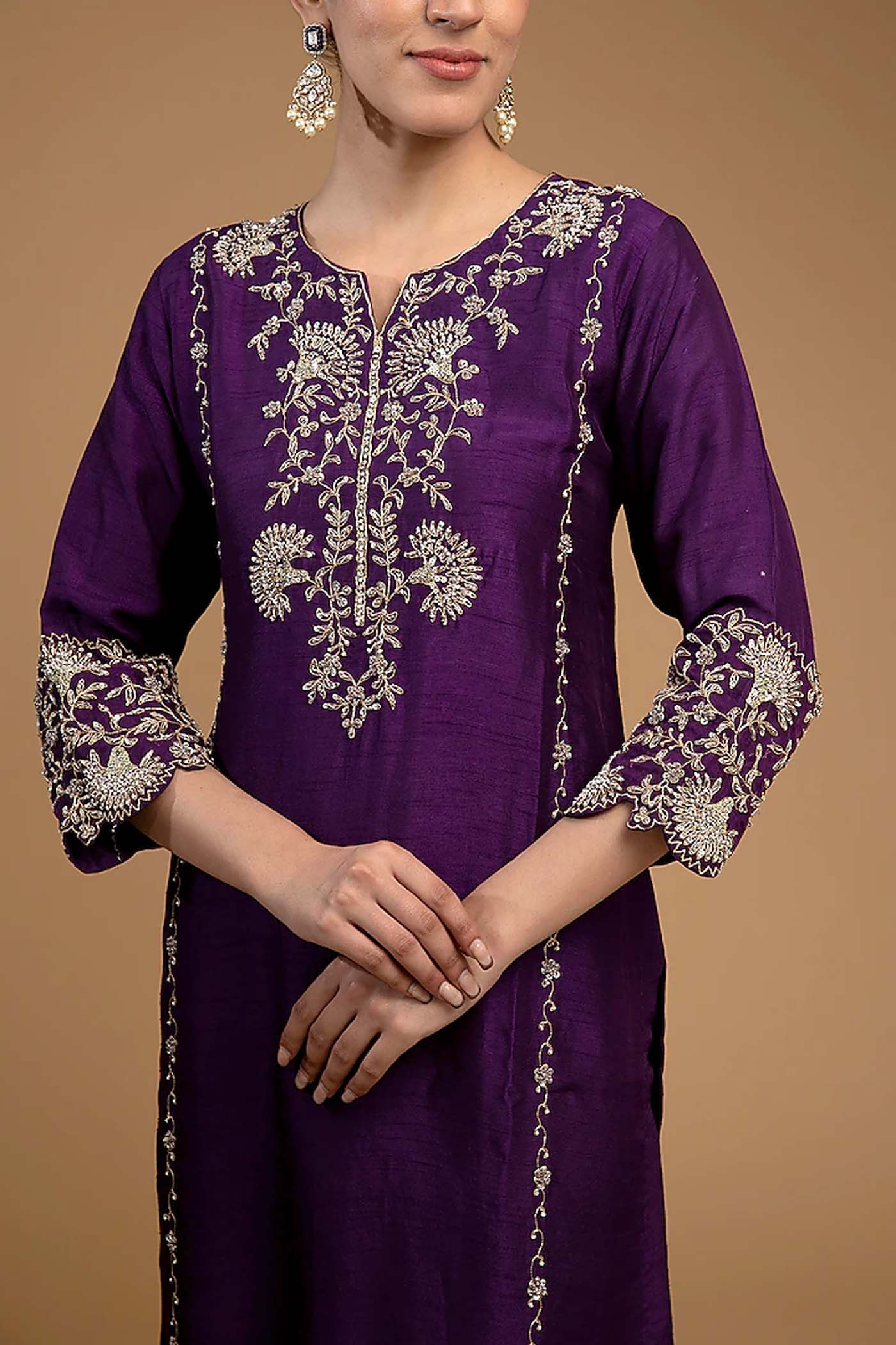 Purple Straight Suit with Pants and Dupatta Set