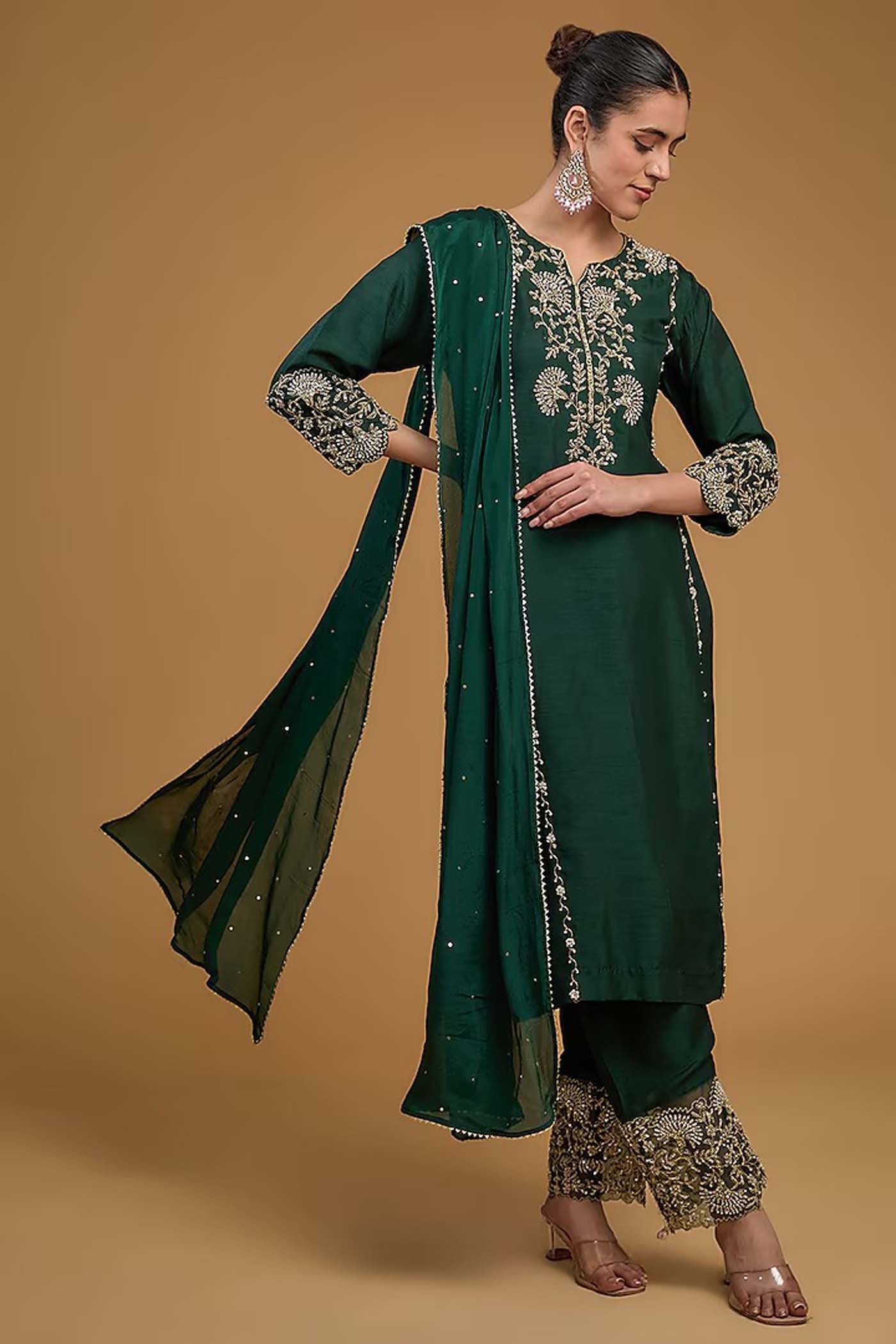 Bottle Green Straight Suit with Pants and Dupatta Set