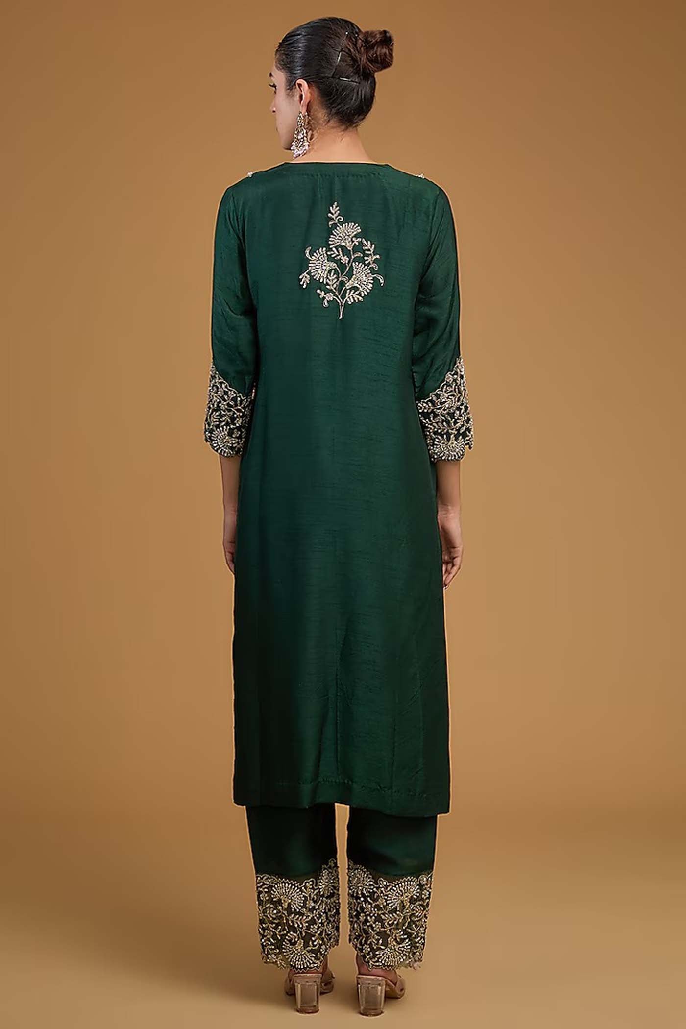 Bottle Green Straight Suit with Pants and Dupatta Set