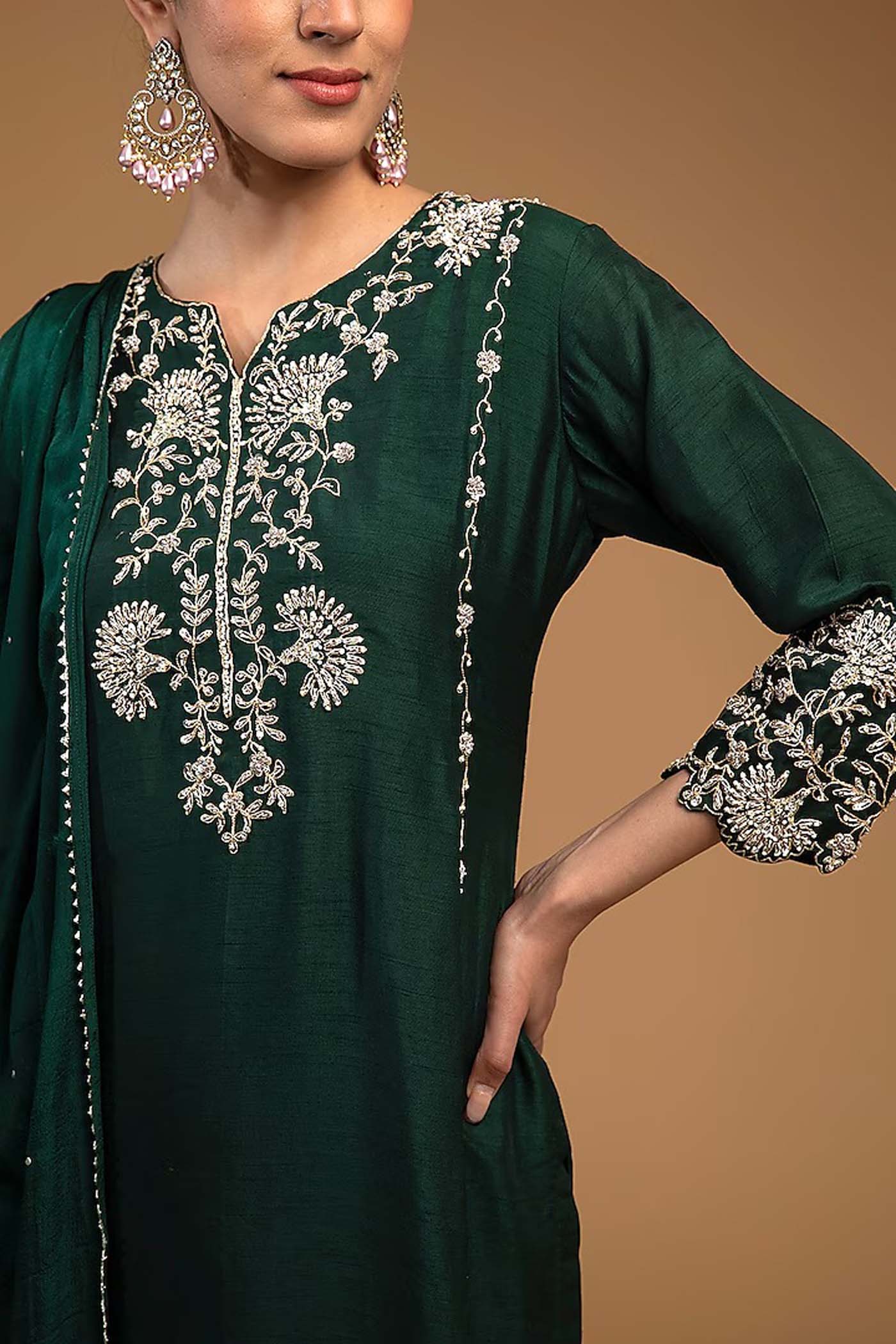Bottle Green Straight Suit with Pants and Dupatta Set