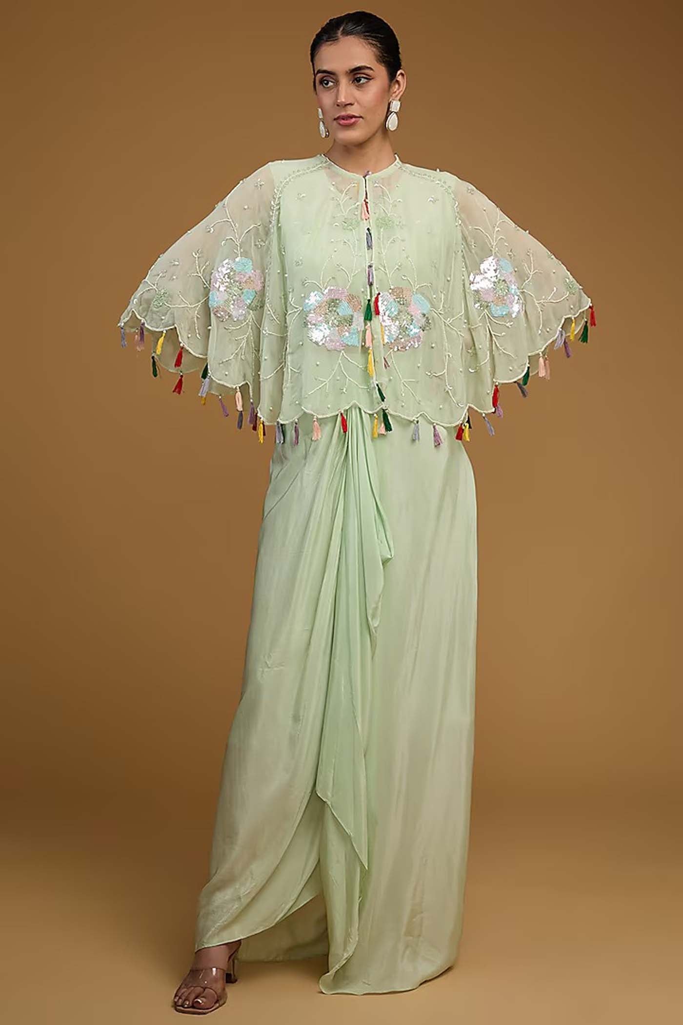 Mint Green Crop-Top with Cowl Skirt and Poncho Cape Set
