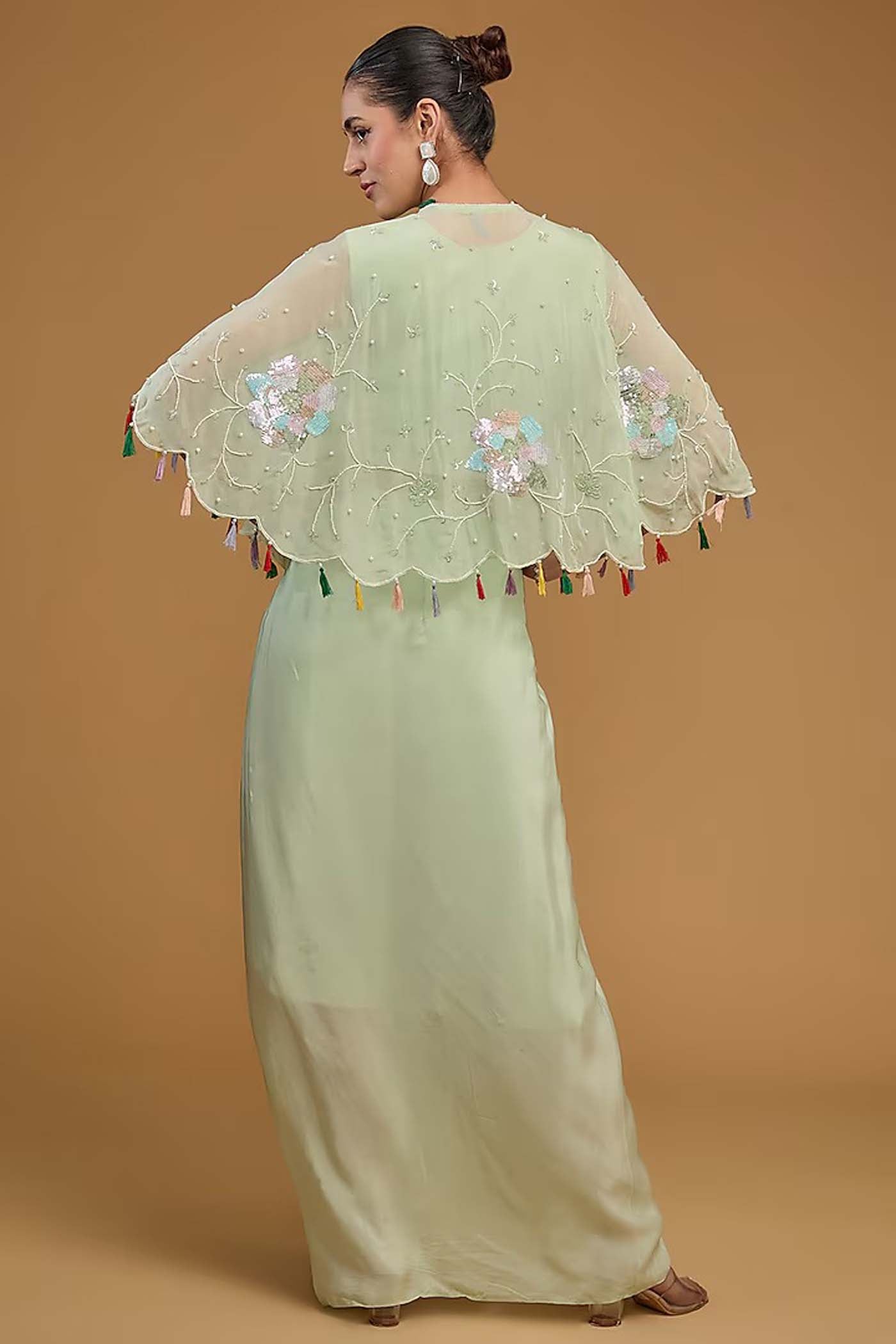 Mint Green Crop-Top with Cowl Skirt and Poncho Cape Set