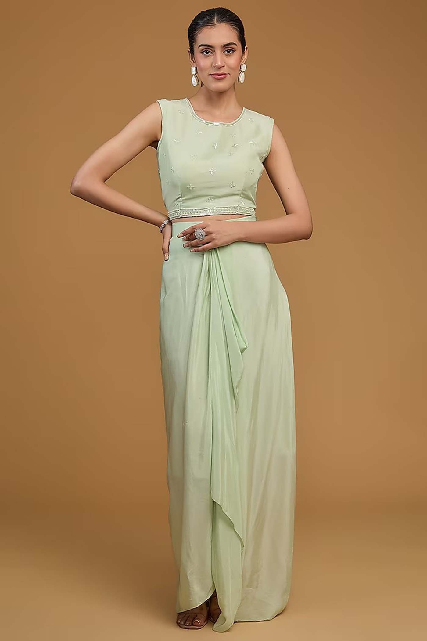 Mint Green Crop-Top with Cowl Skirt and Poncho Cape Set
