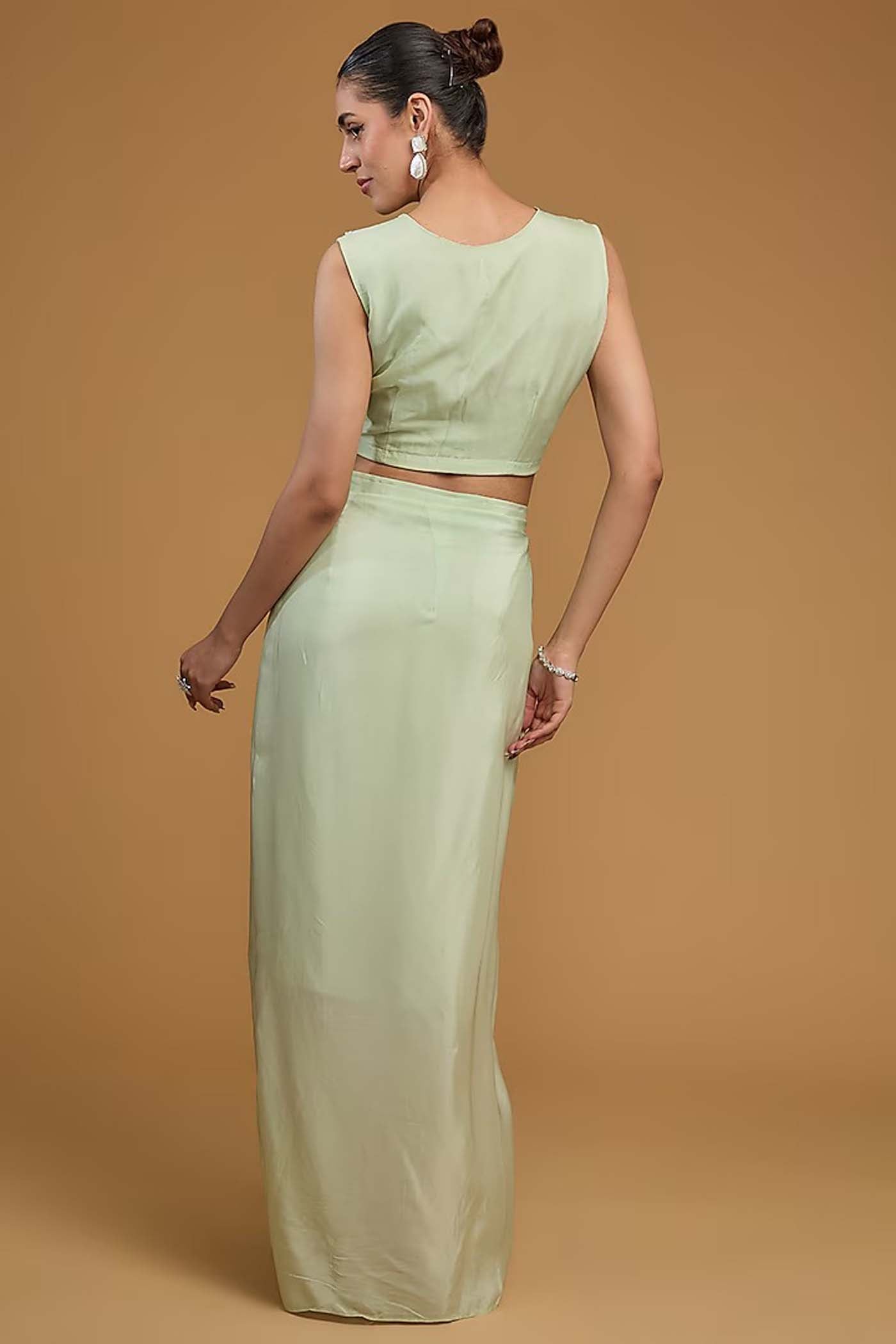 Mint Green Crop-Top with Cowl Skirt and Poncho Cape Set