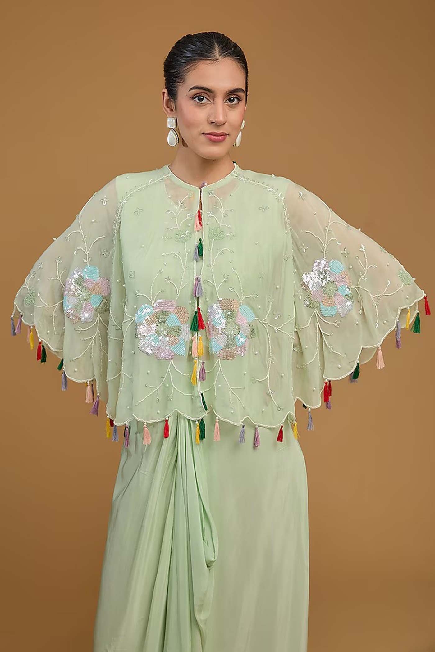 Mint Green Crop-Top with Cowl Skirt and Poncho Cape Set