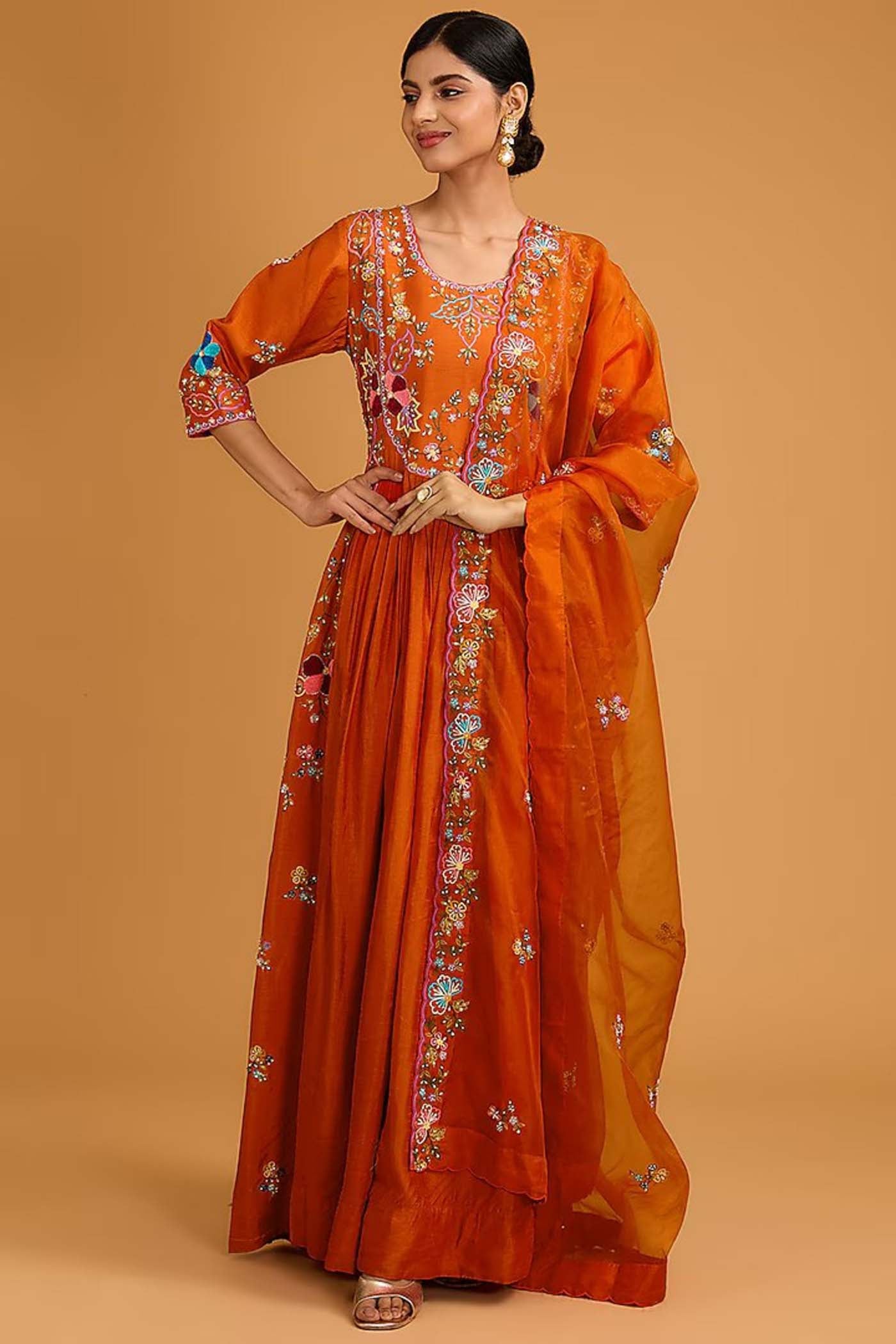 Rust Orange Anarkali with Organza Dupatta