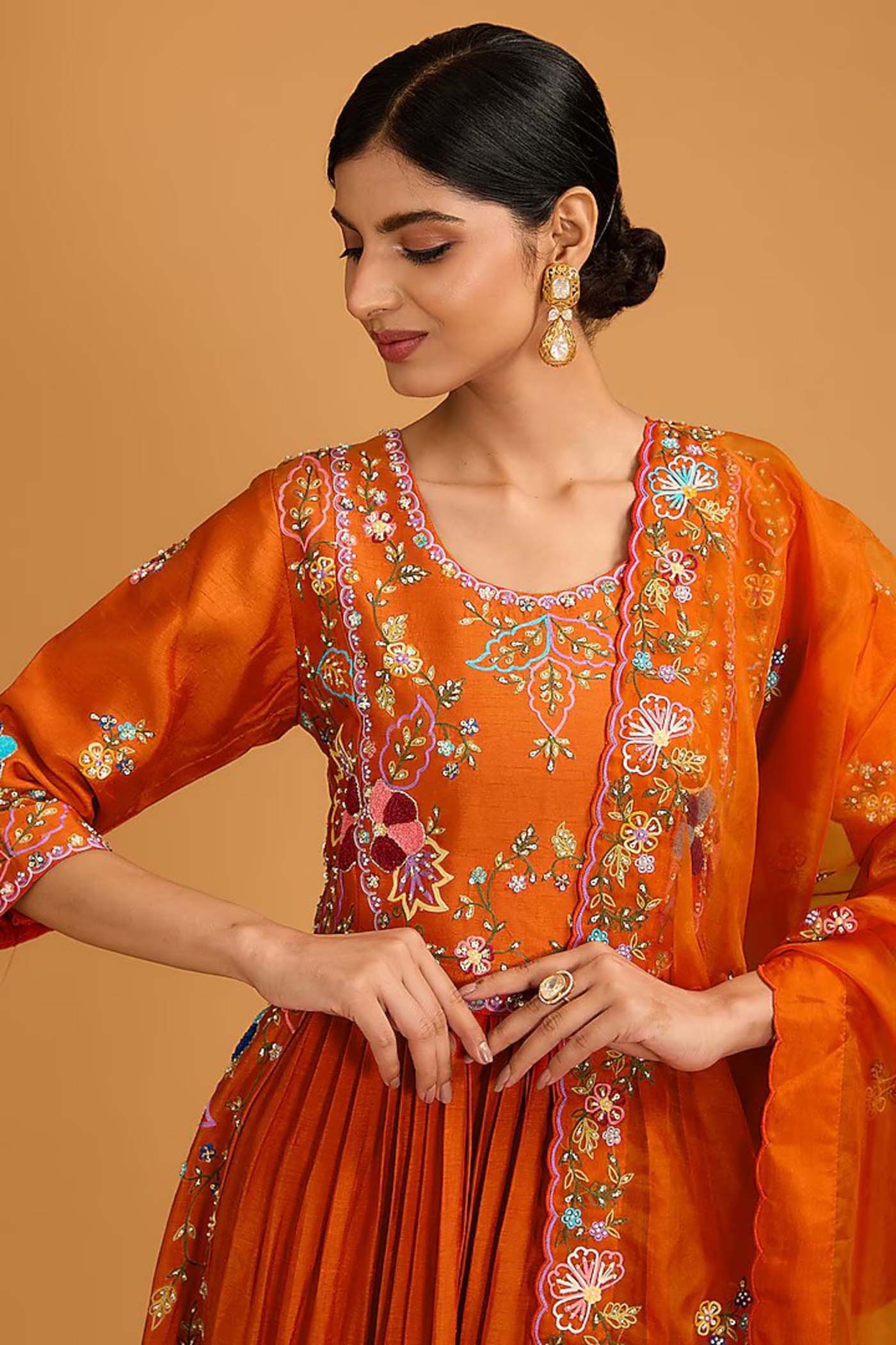 Rust Orange Anarkali with Organza Dupatta