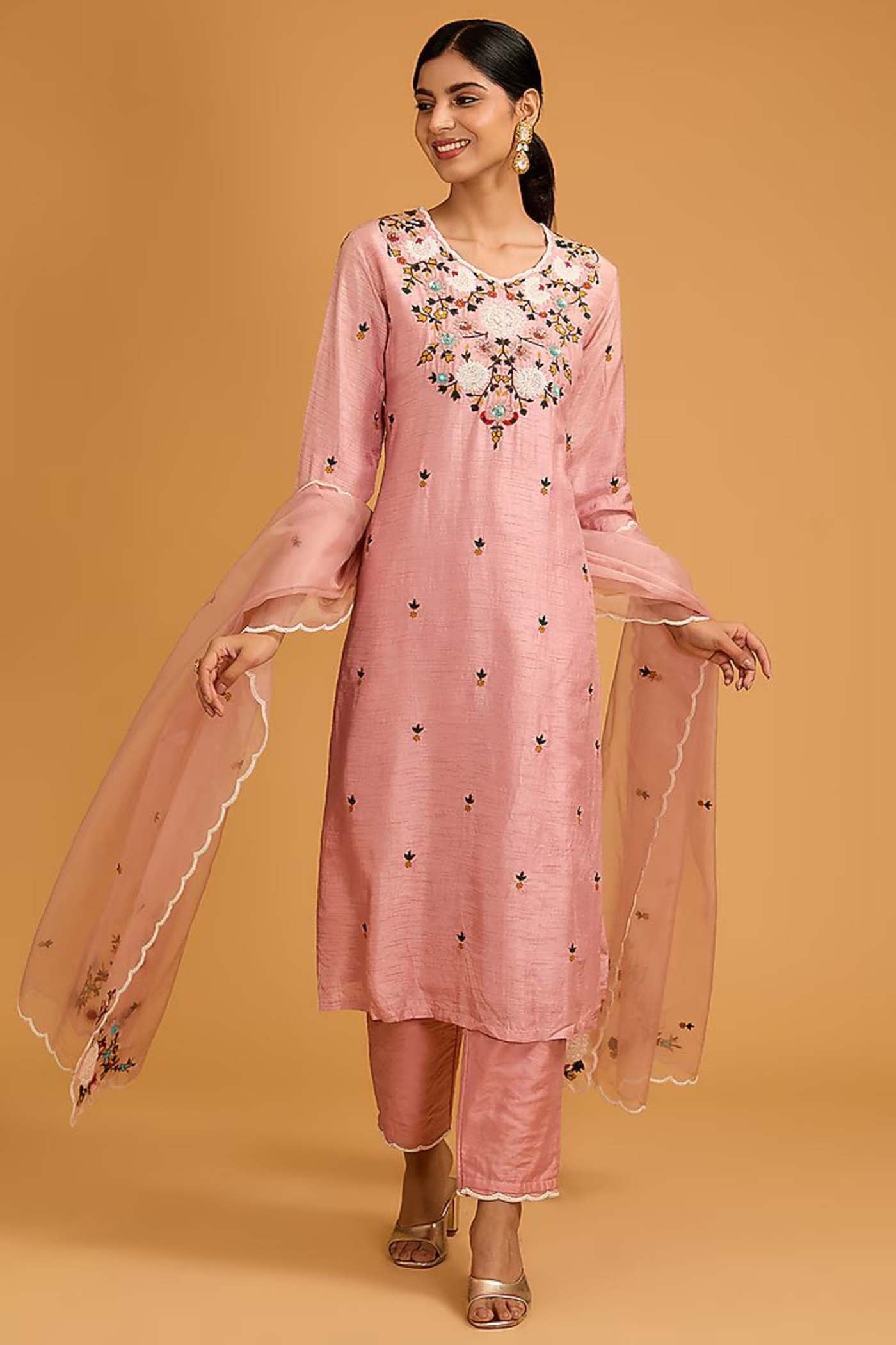Onion Pink Straight Suit with Pants and Dupatta