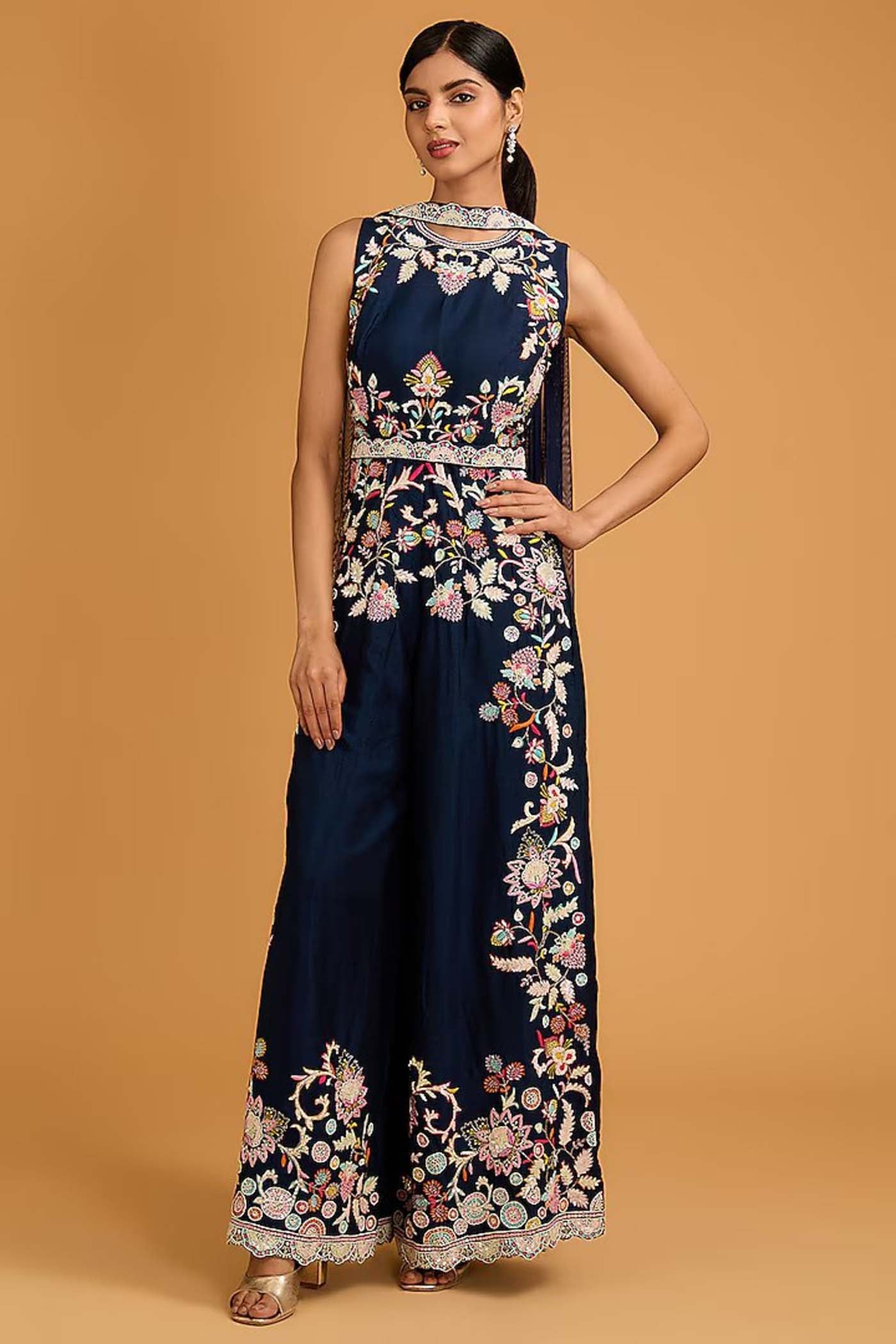 Navy Blue Jumpsuit with Belt and Chokar Dupatta