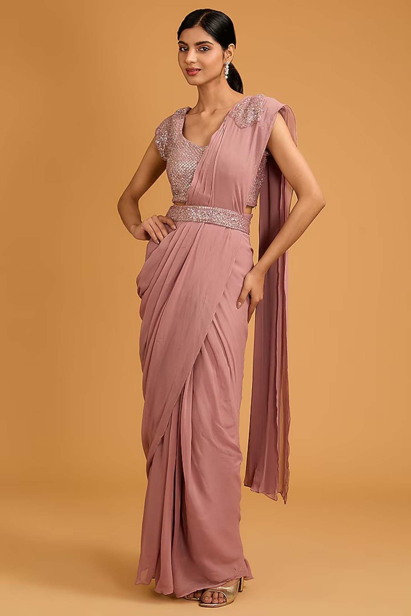 Salmon Pink Draped Saree with Belt