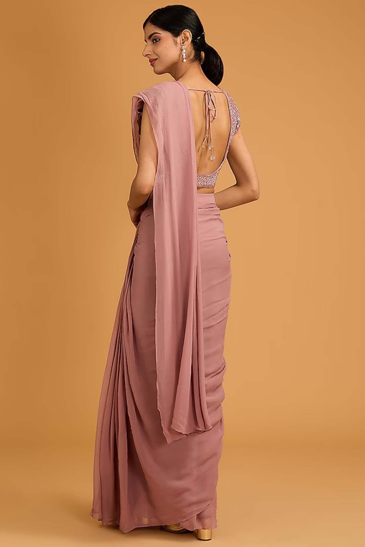 Salmon Pink Draped Saree with Belt